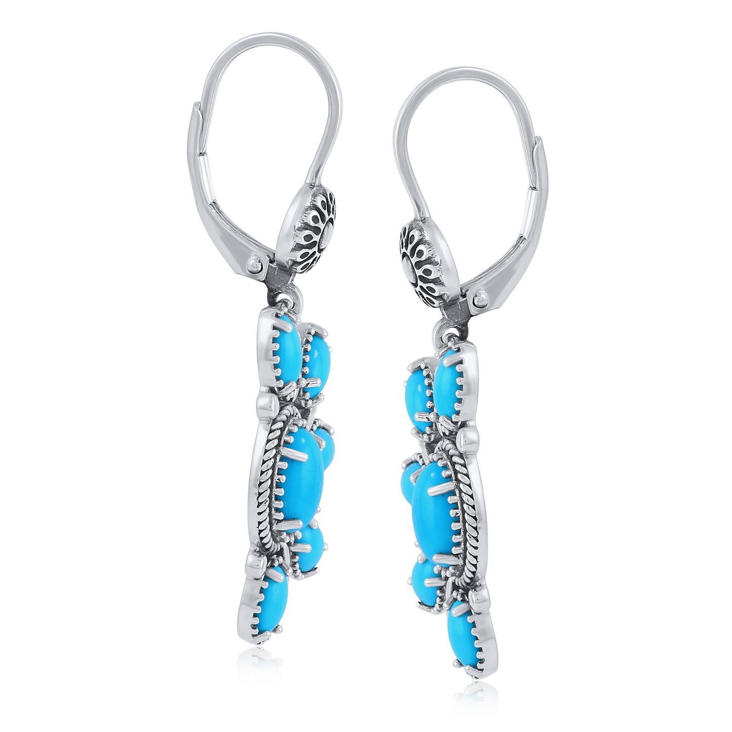 Sterling Silver Half Cluster Sleeping Beauty Turquoise Lever Back Earrings