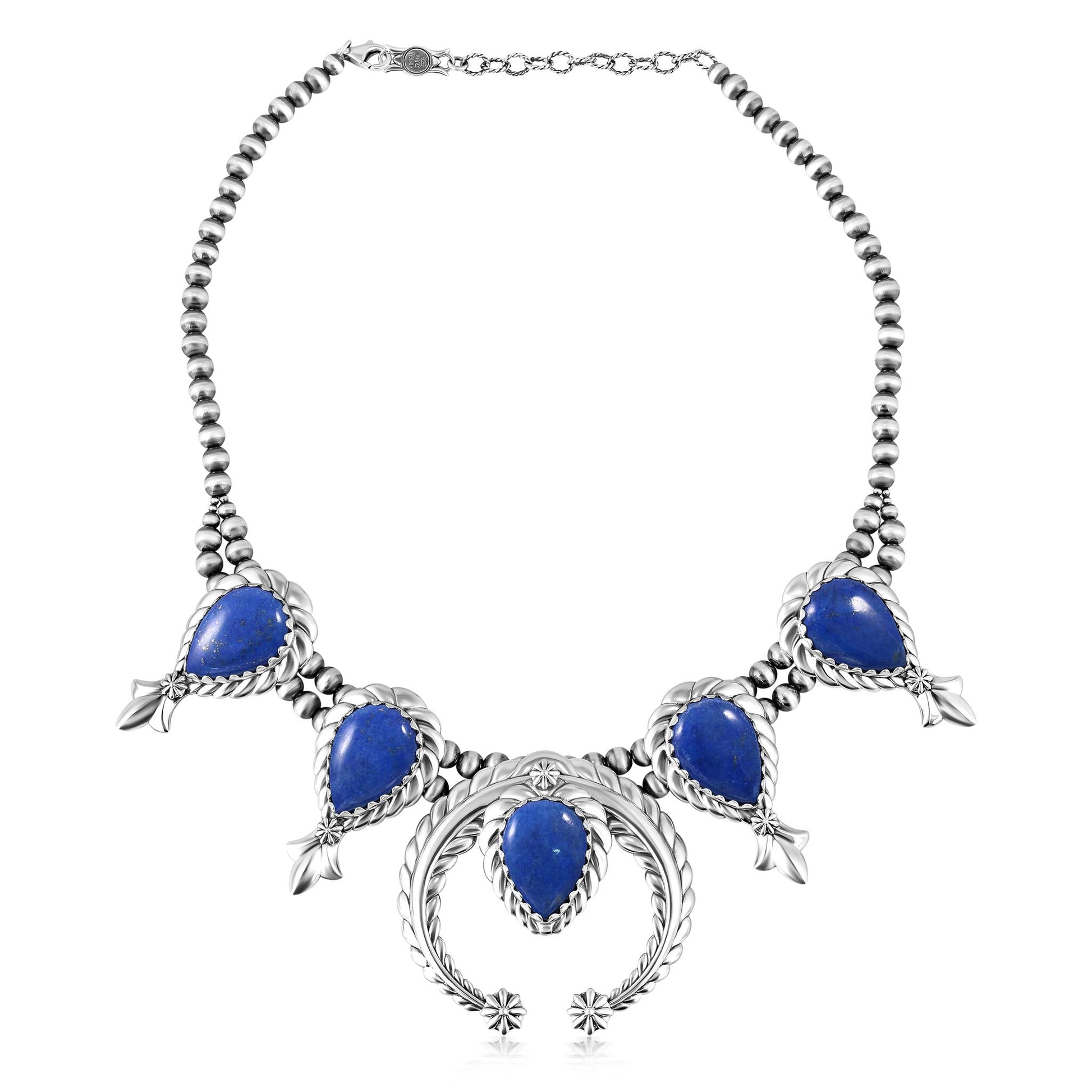 Sterling Silver Denim Lapis Pear-Cut Squash Blossom Necklace