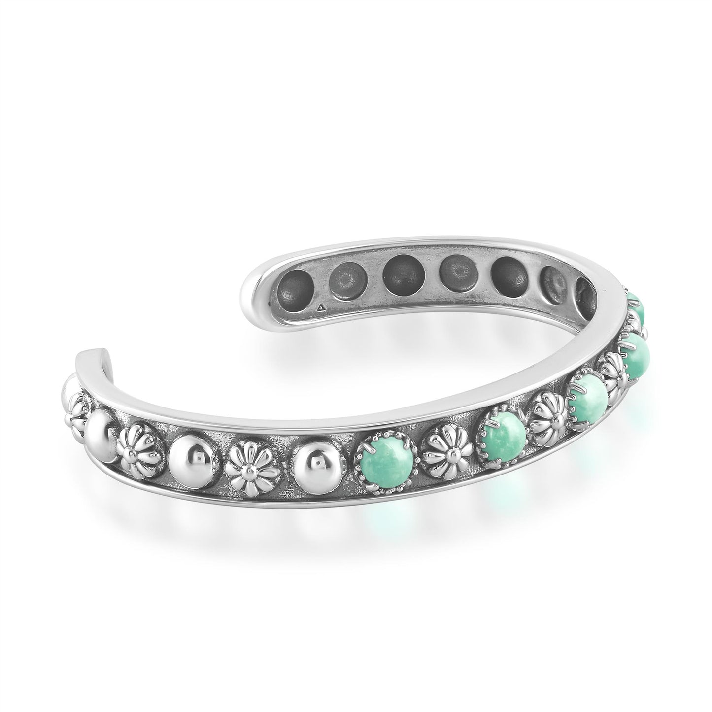 Sterling Silver Green Turquoise Concha Flower Narrow Cuff Bracelet