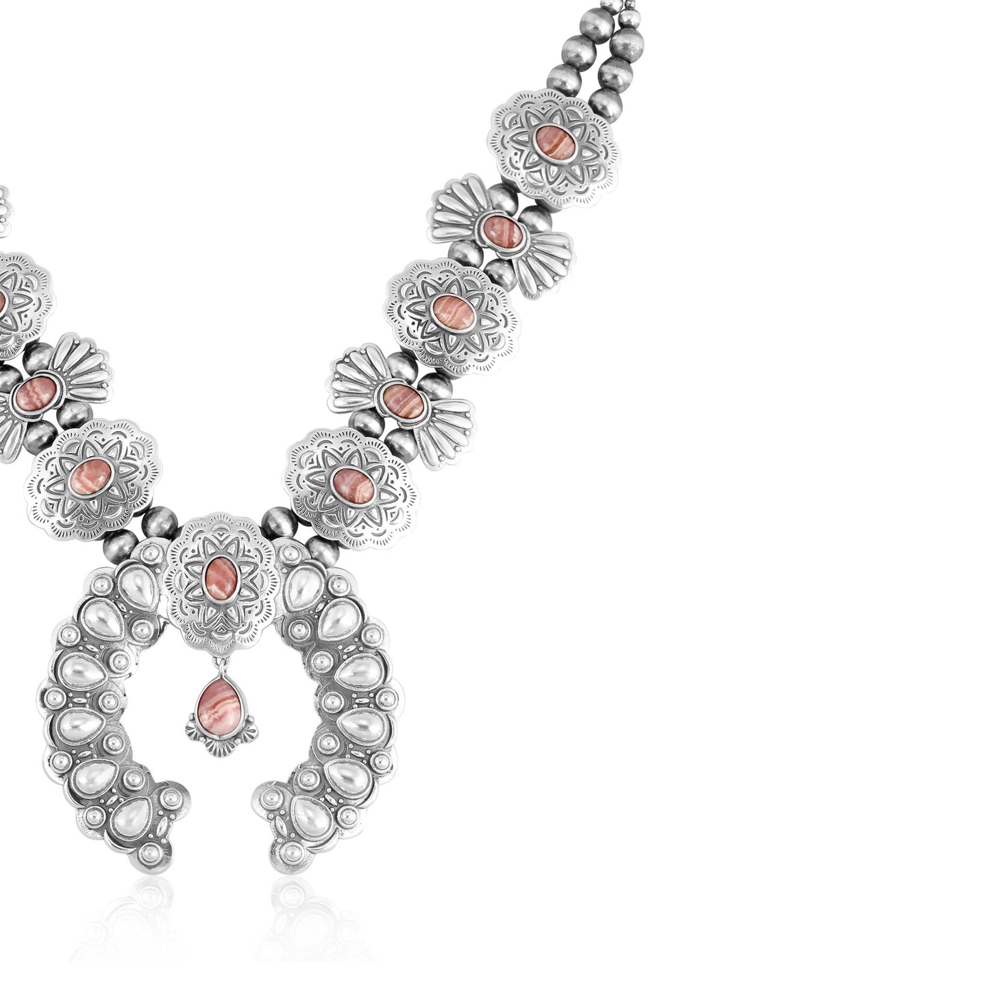 Sterling Silver Rhodochrosite Concha Butterfly Squash Blossom Necklace