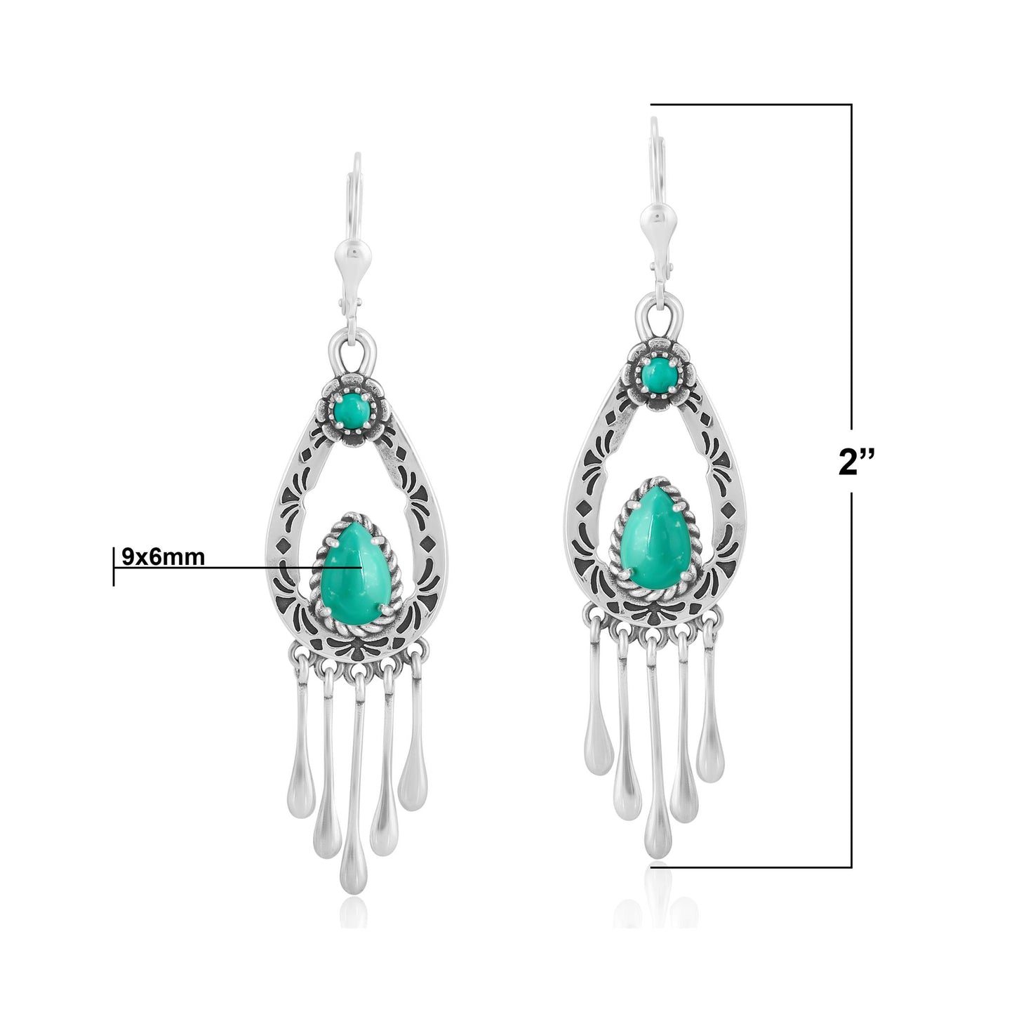 Sterling Silver Green Turquoise Pear-Cut Lever Back Dangle Earrings