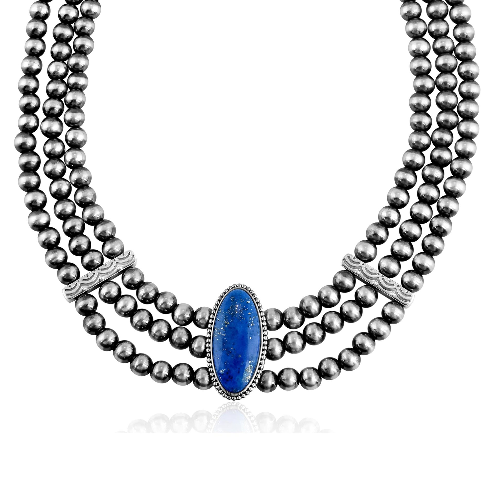 Sterling Silver Lapis Oval Cut Triple-Row Beaded Necklace
