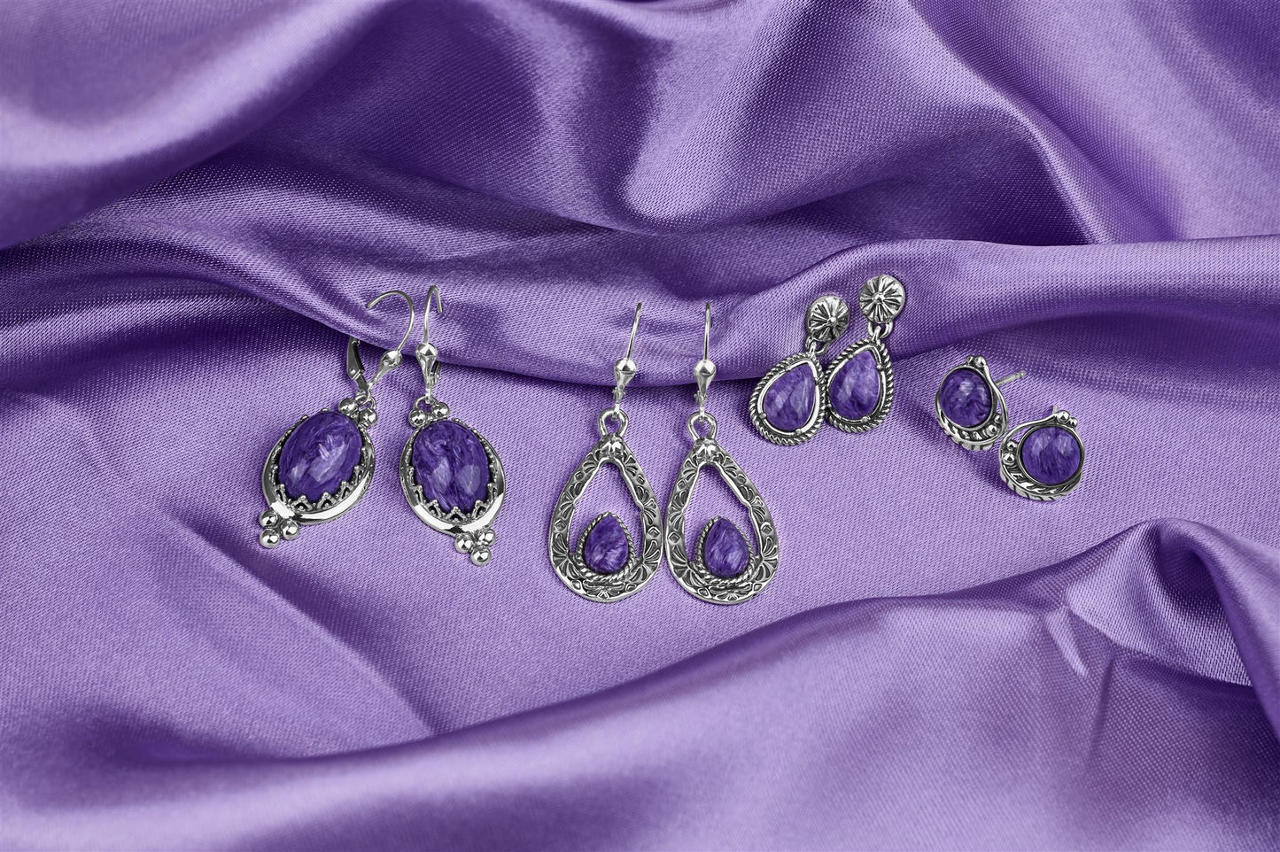 EXCLUSIVELY OURS! Sterling Silver Charoite Crown Detail Lever Back Earrings