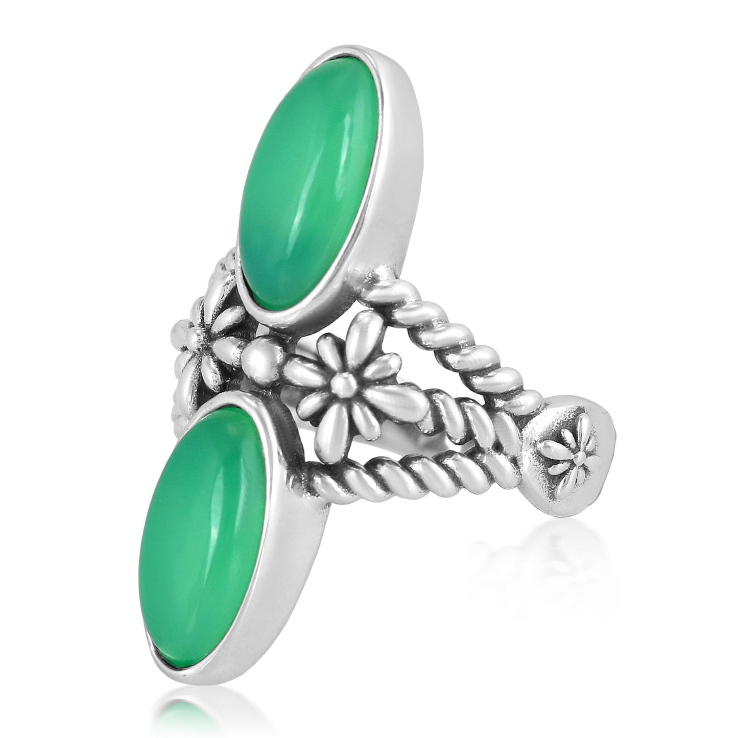 Sterling Silver Chrysoprase North - South Oval Concha Flower Ring
