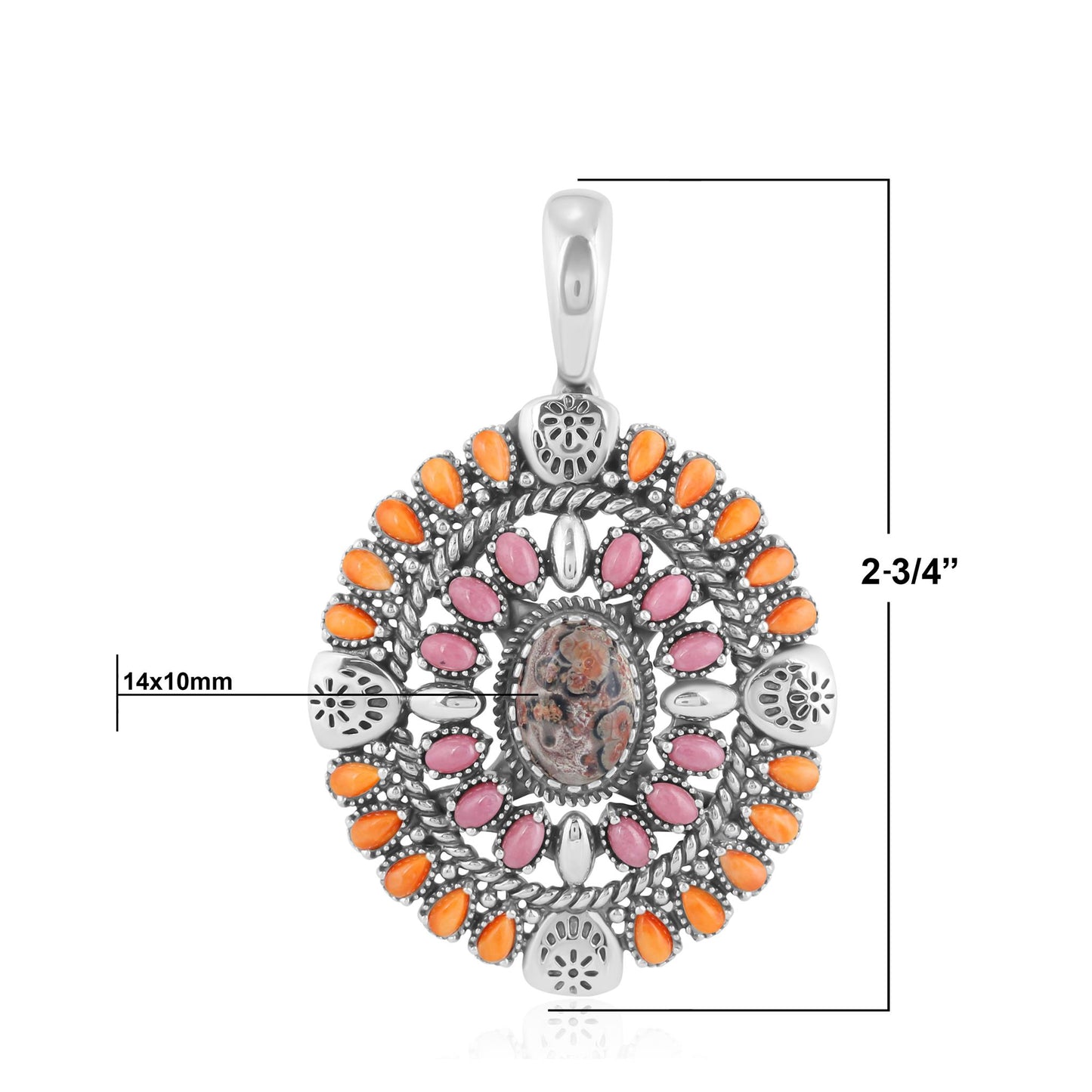 Sterling Silver Leopard Jasper, Orange Spiny Oyster and Rhodonite Oval Floral Cluster Pendant Enhancer
