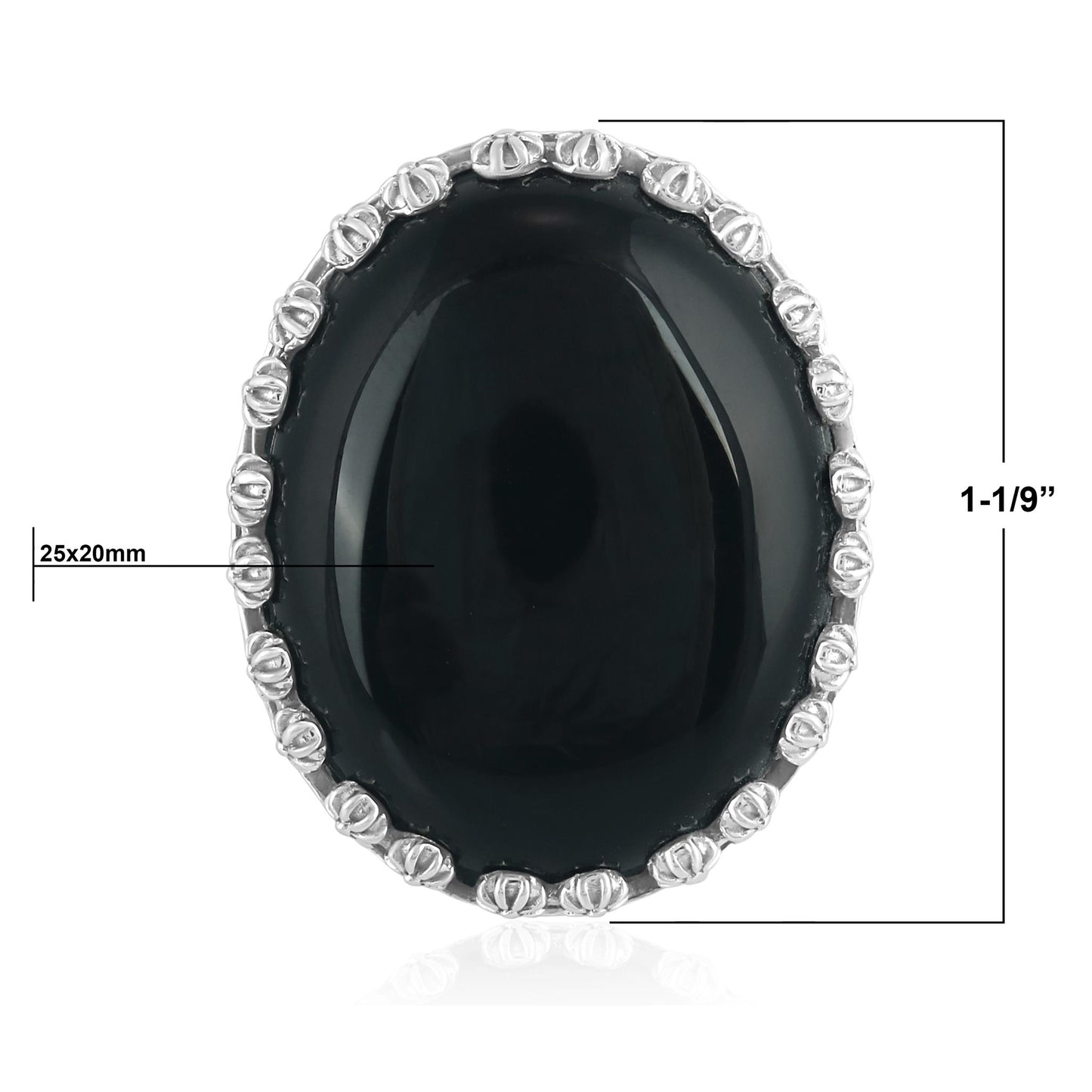 Sterling Silver Black Onyx Concha Flower Border Oval Cut Ring