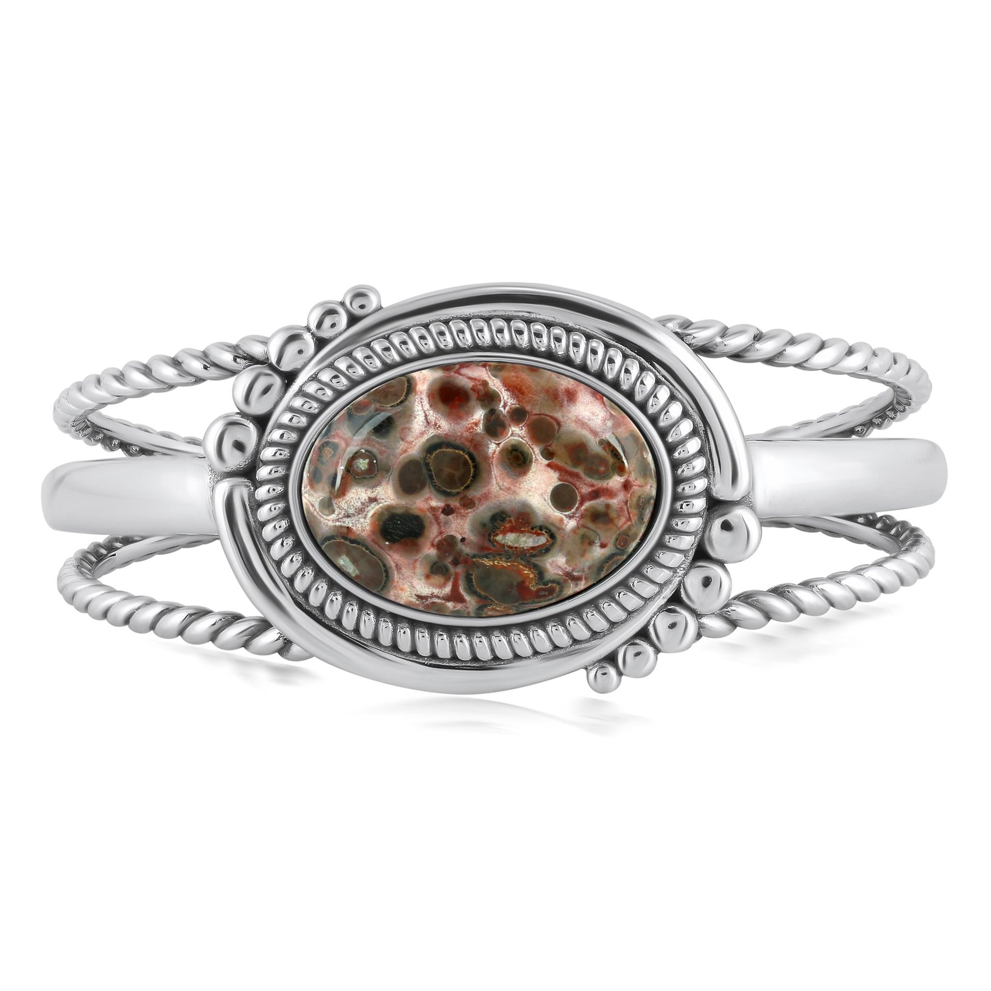 Sterling Silver Oval Leopard Jasper Rope Cuff Bracelet, Size Medium to Large