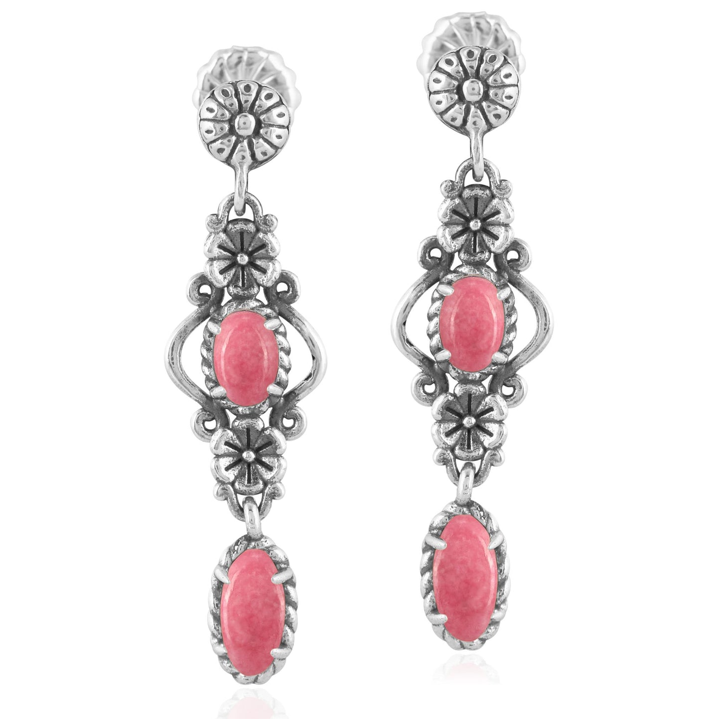 Sterling Silver Rhodonite Gemstone Floral Dangle Earrings