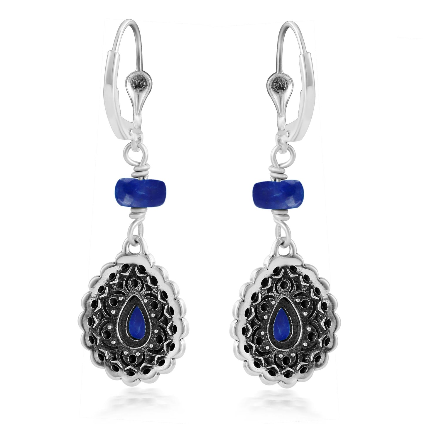 Sterling Silver Lapis Pear-Shaped Concha Lever Back Earrings
