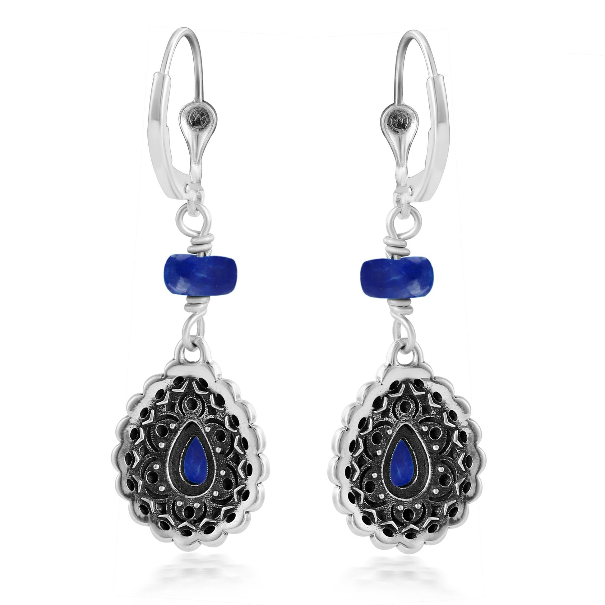 Sterling Silver Lapis Pear-Shaped Concha Lever Back Earrings