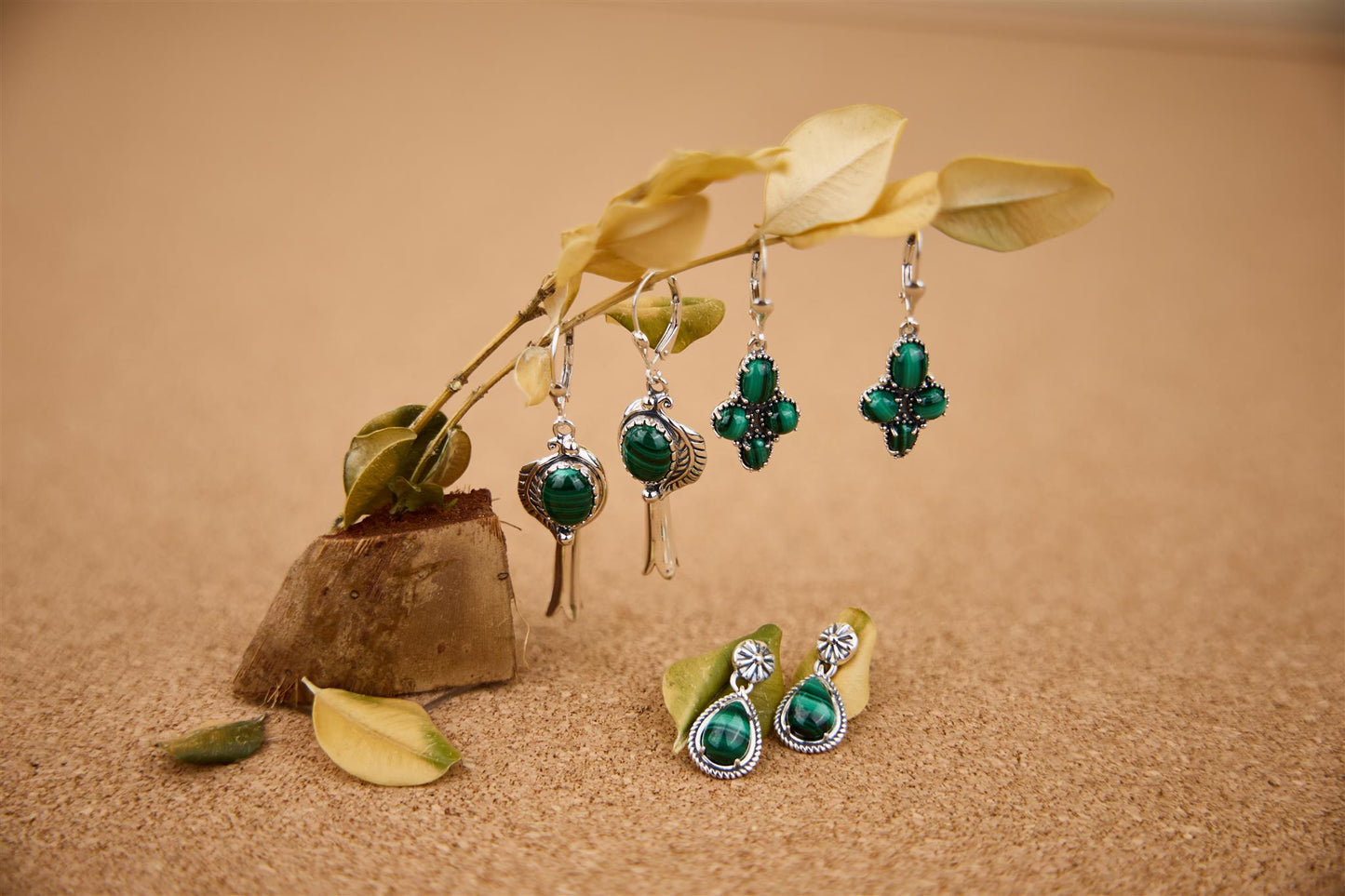 EXCLUSIVELY OURS! Sterling Silver Malachite Leaf and Squash Blossom Design Dangle Earrings