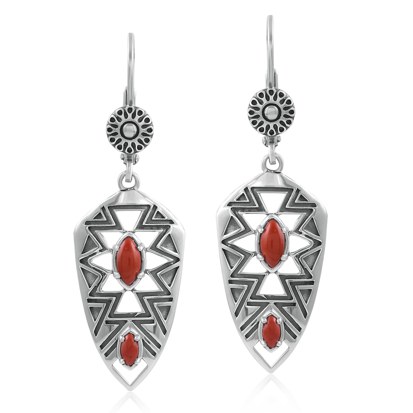 Sterling Silver Marquise Red Jasper Patterned Lever Back Earrings