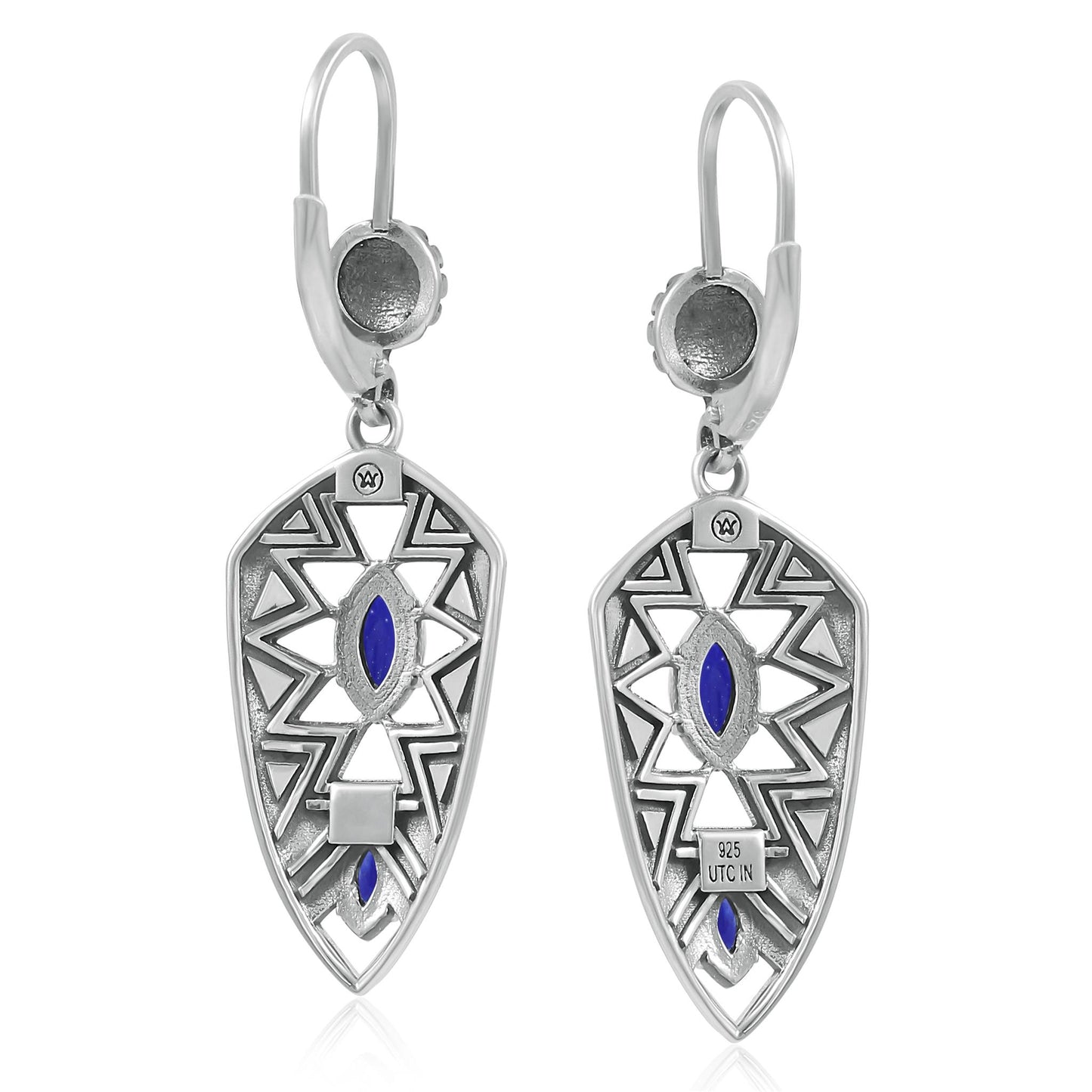 Sterling Silver Marquise Lapis Patterned Lever Back Earrings
