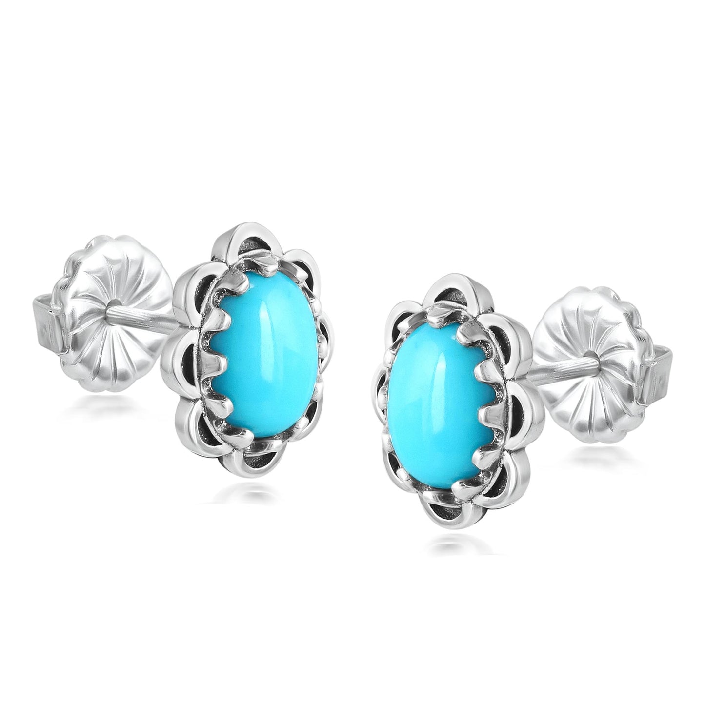 Sterling Silver Sleeping Beauty Turquoise Concha Flower Stud Earrings