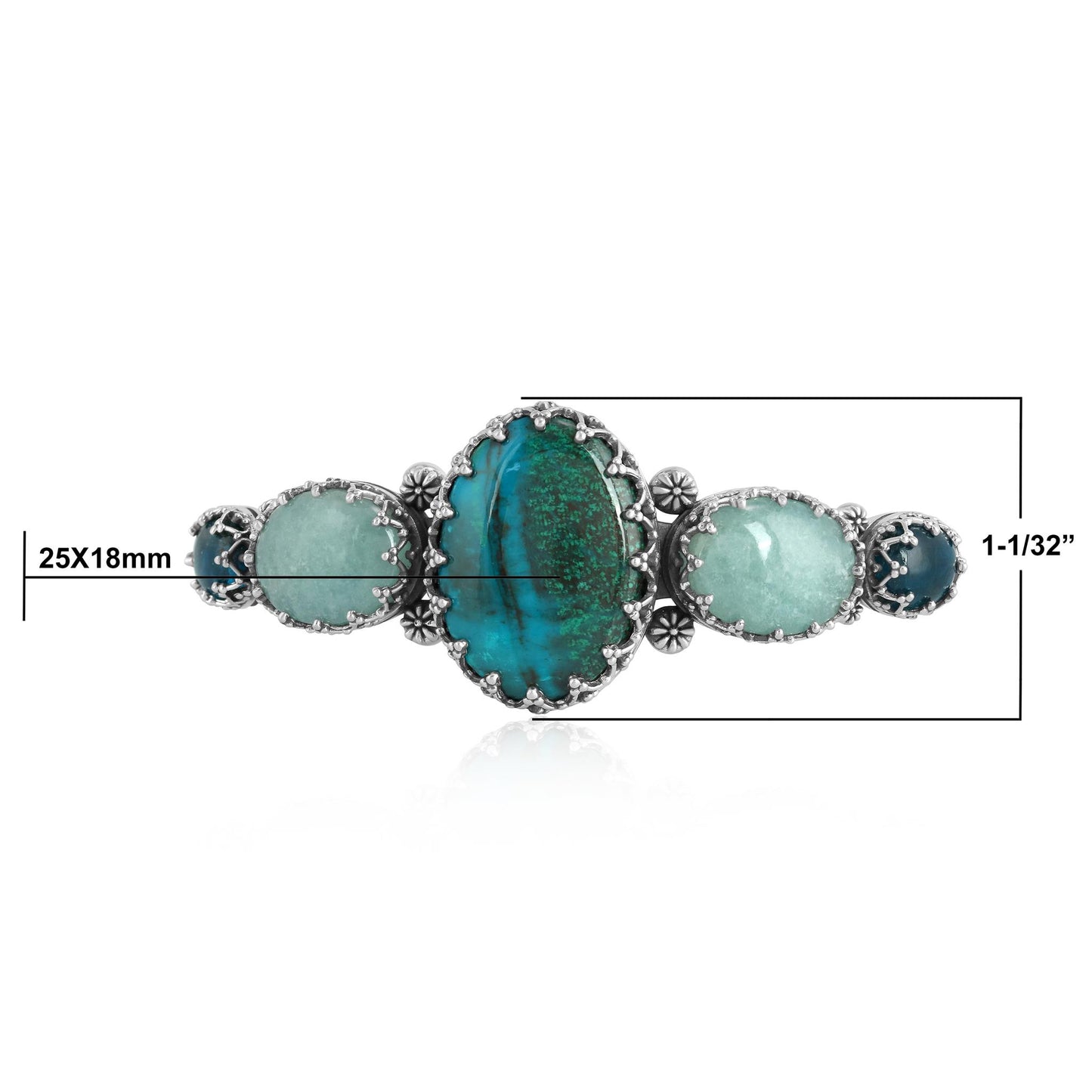 Sterling Silver Chrysocolla, Milky Aquamarine and Apatite Crown Detail Cuff Bracelet