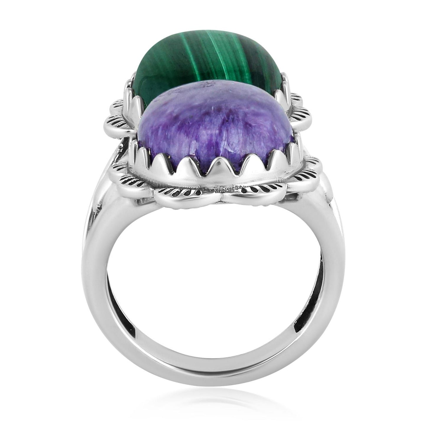 Sterling Silver Oval Charoite and Malachite Scalloped Ring