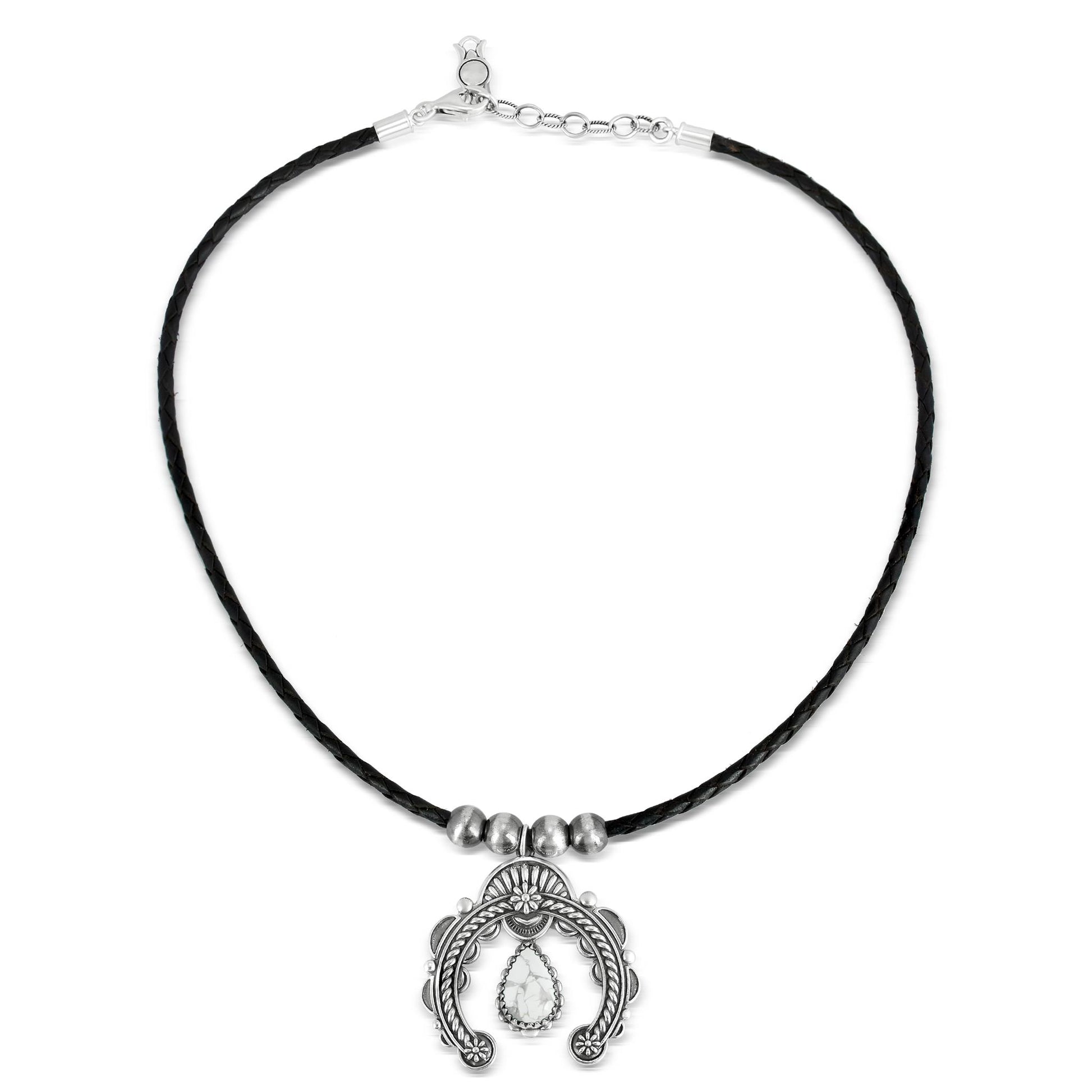 Sterling Silver White Howlite and Black Leather Pear Gemstone Naja Necklace