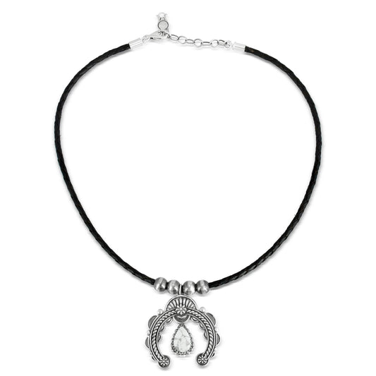 Sterling Silver White Howlite and Black Leather Pear Gemstone Naja Necklace