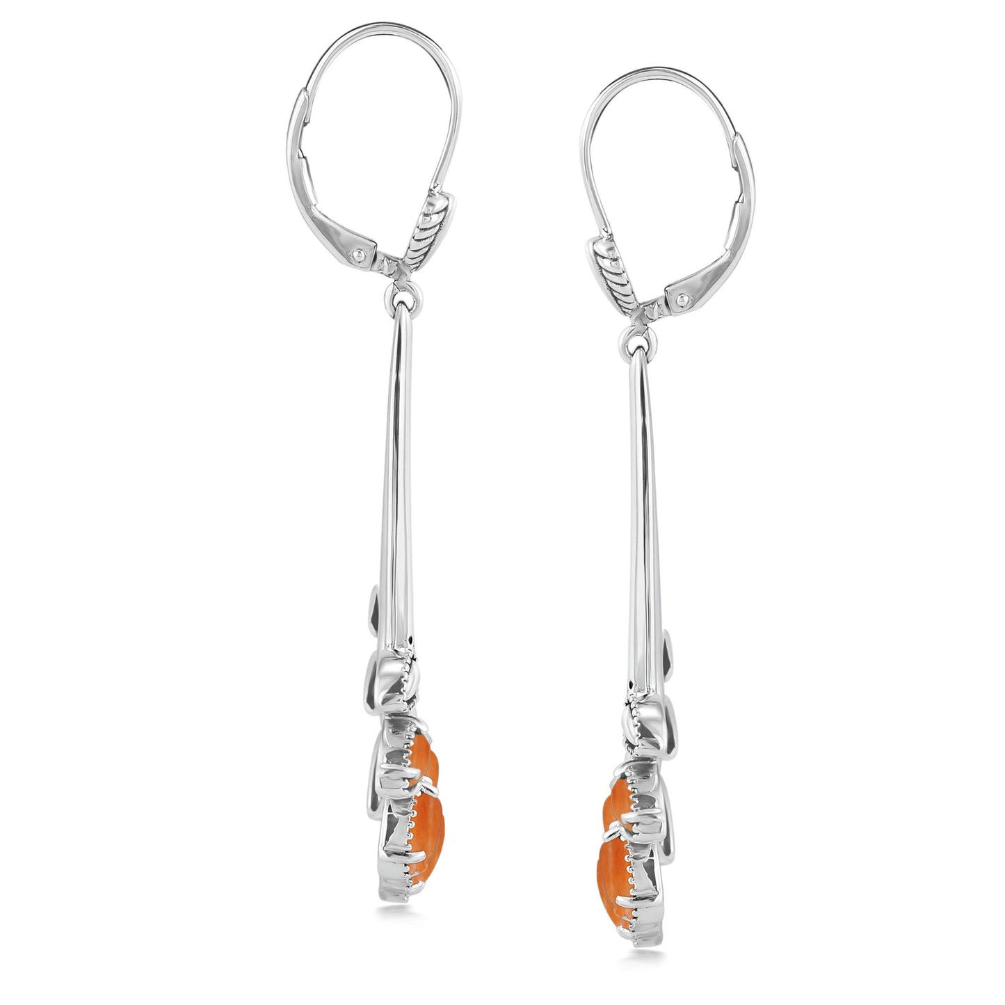 Sterling Silver Orange Spiny Oyster Open Pear Gemstone Lever Back Earrings