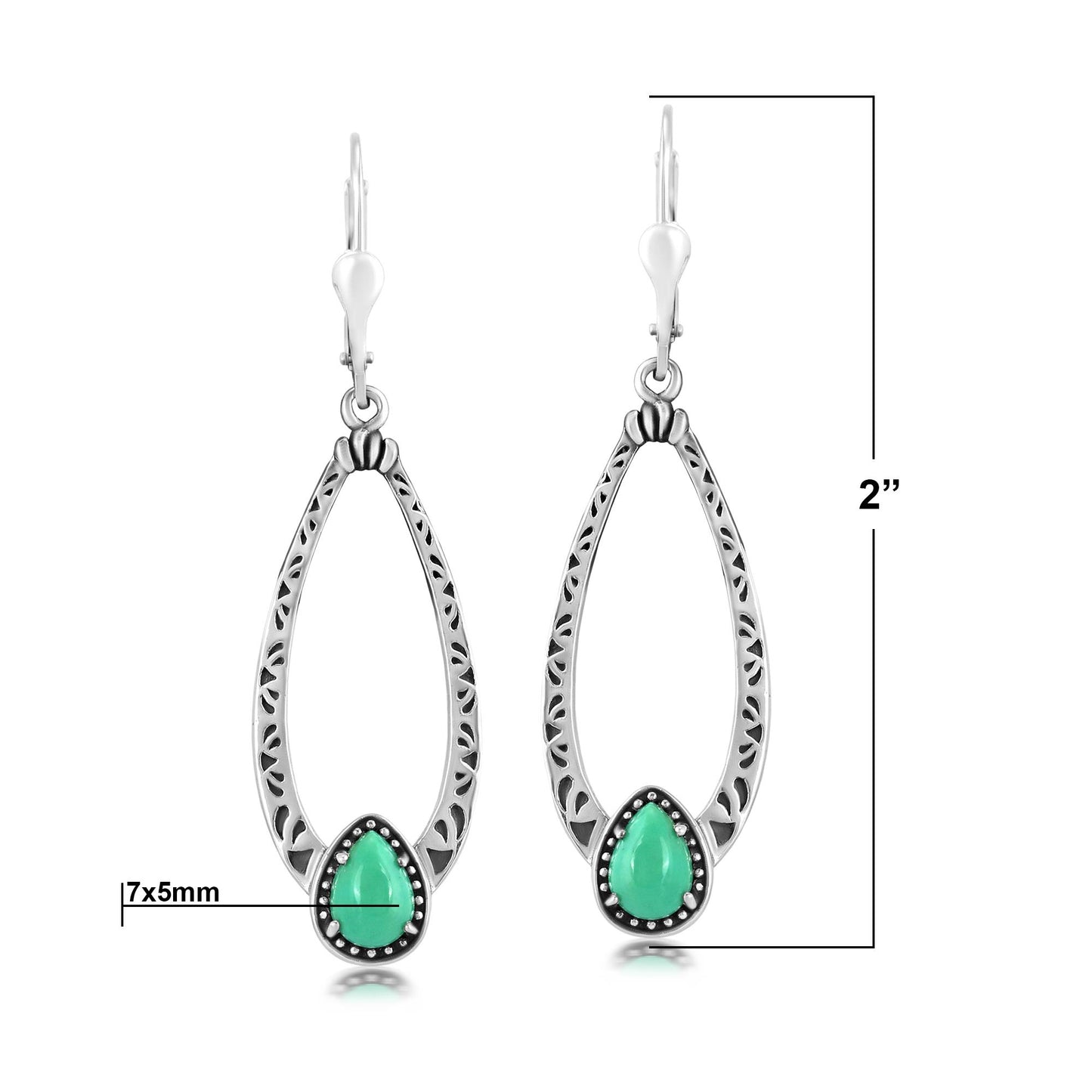 Sterling Silver Green Turquoise Pear-Cut Long Oval Lever Back Dangle Earrings