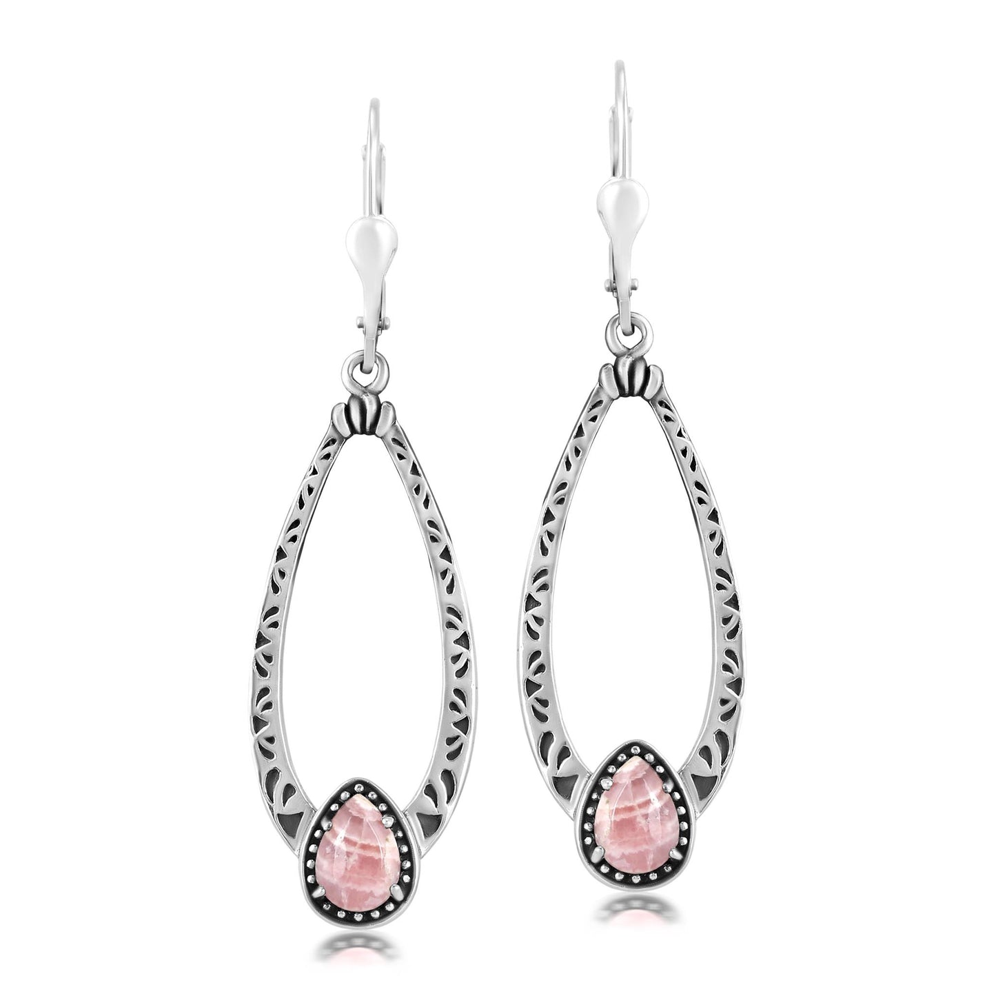 Sterling Silver Rhodochrosite Pear-Cut Long Oval Lever Back Dangle Earrings