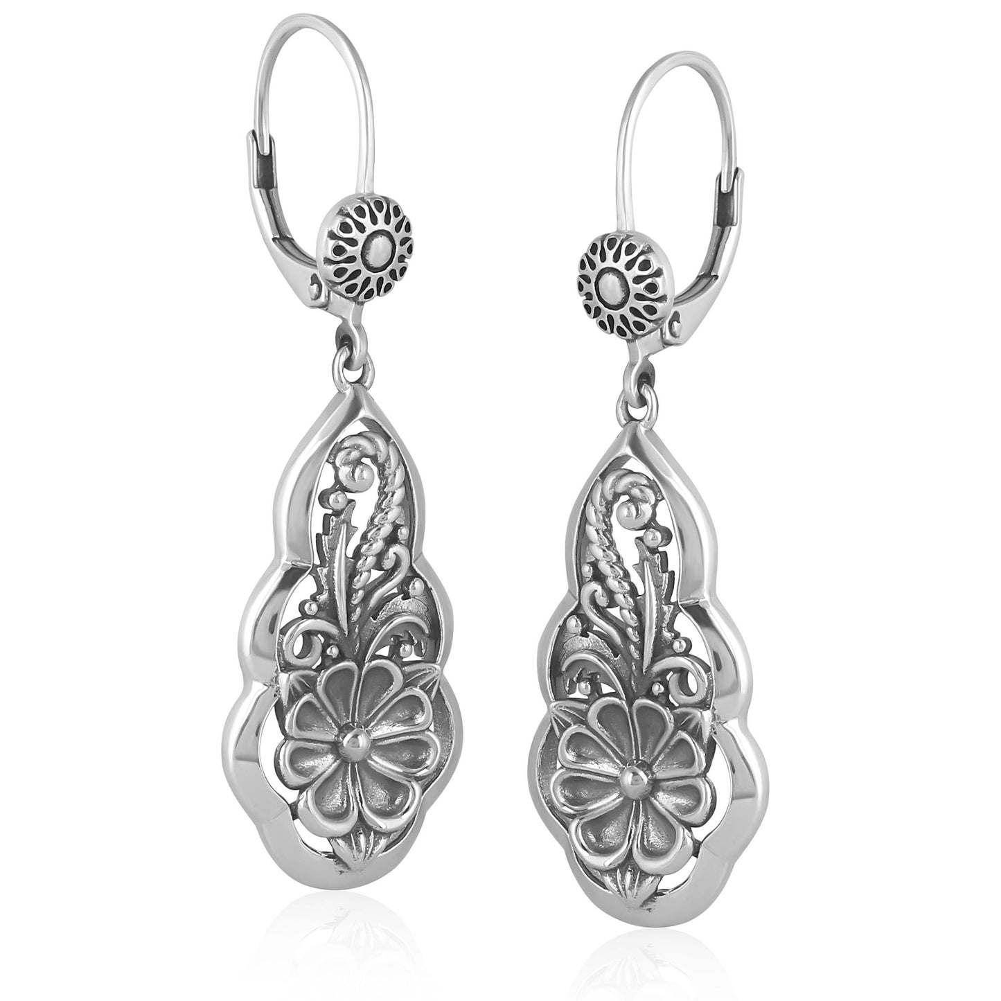 Sterling Silver Flower Lever Back Earrings