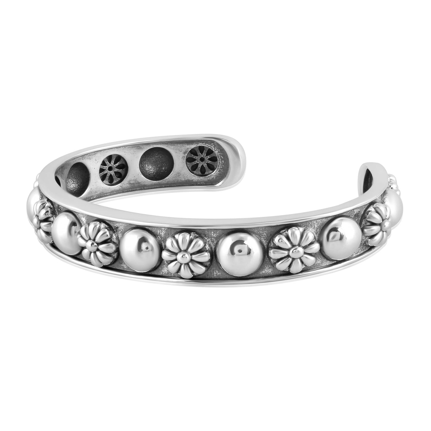 Sterling Silver Concha Flower and Bead Wide Cuff Bracelet