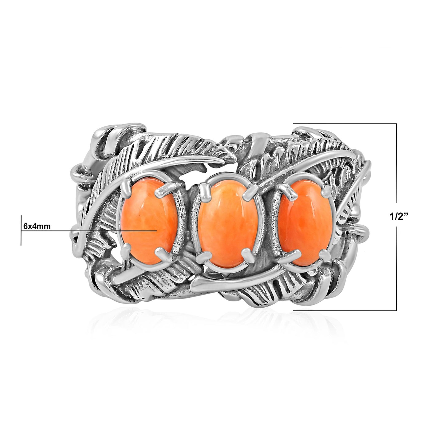Sterling Silver Orange Spiny Oyster Three Stone Feather Ring
