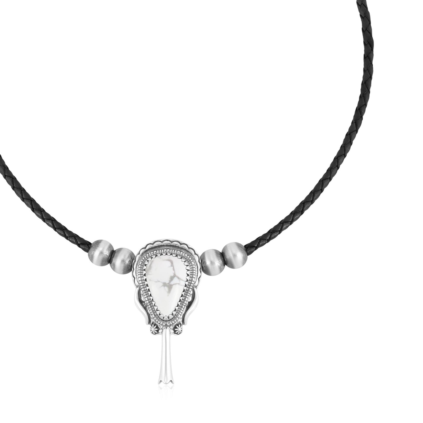 Sterling Silver White Howlite Black Leather Squash Blossom Necklace