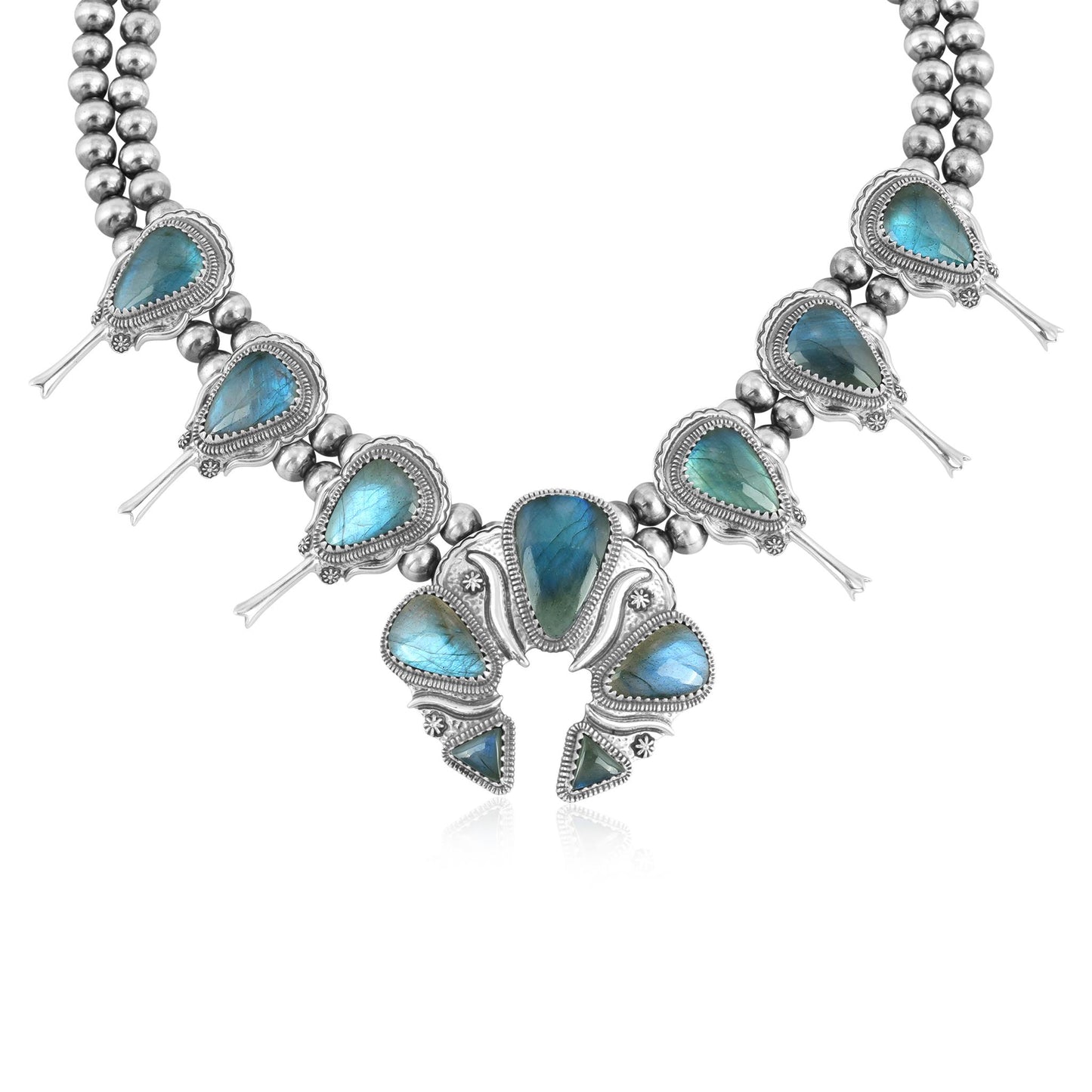 Sterling Silver Labradorite Large Naja Squash Blossom Necklace