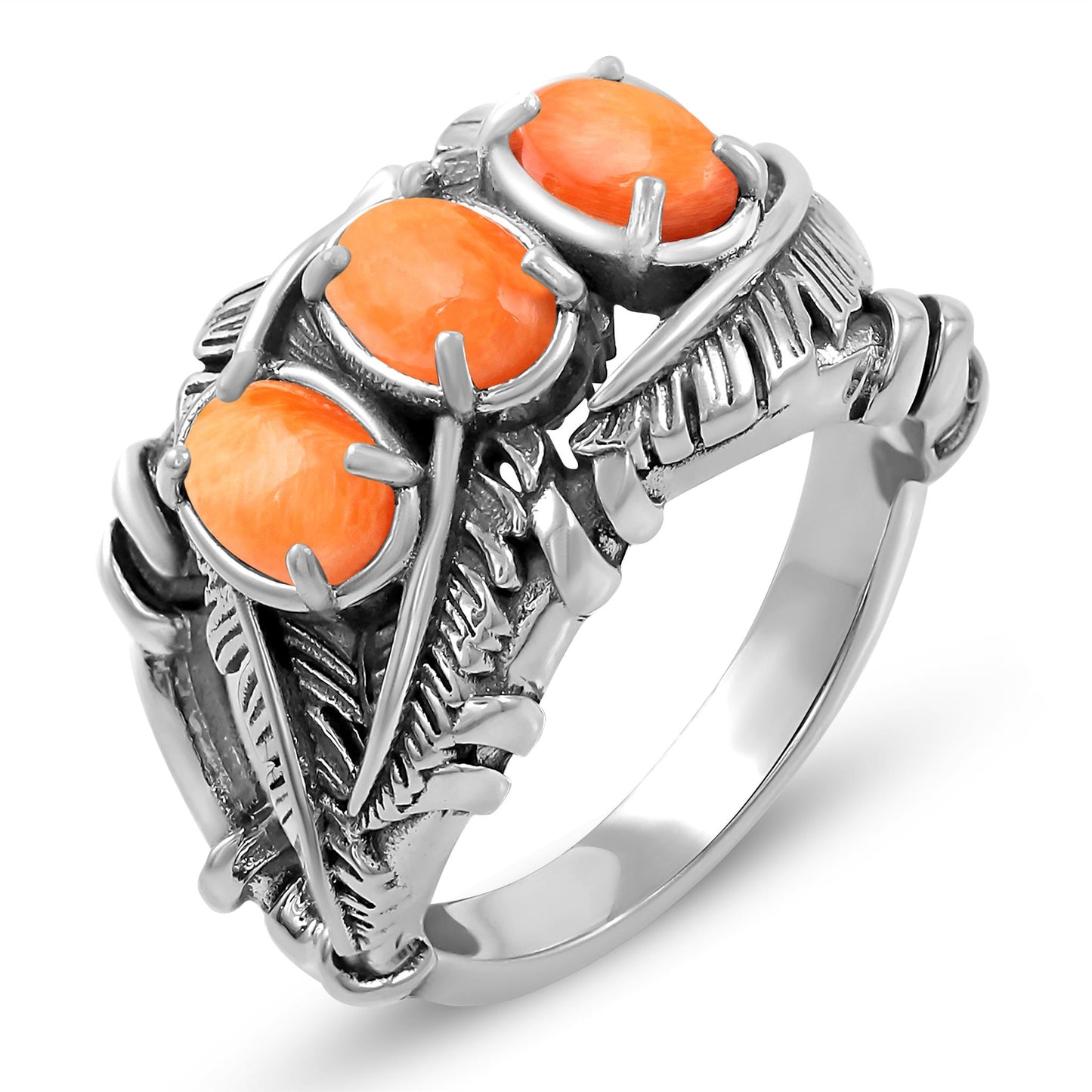 Sterling Silver Orange Spiny Oyster Three Stone Feather Ring