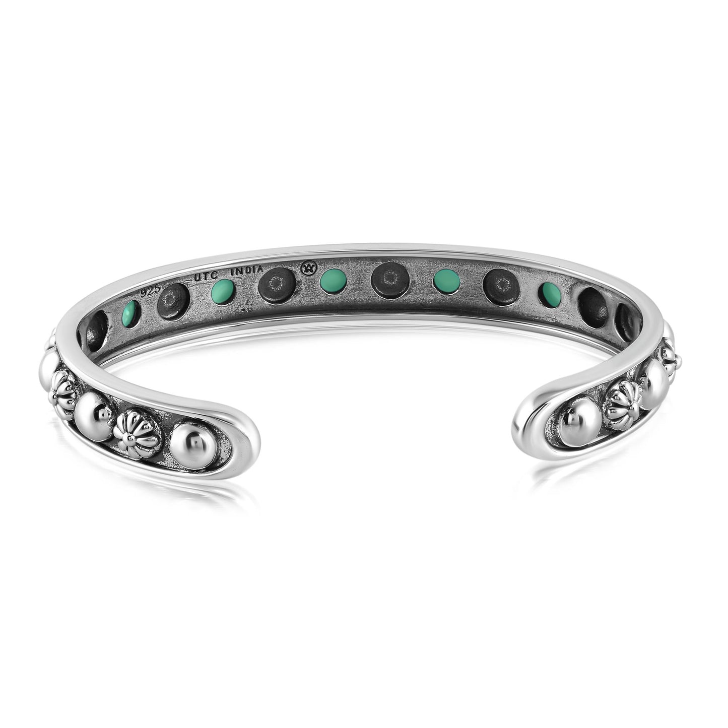 Sterling Silver Green Turquoise Concha Flower Narrow Cuff Bracelet