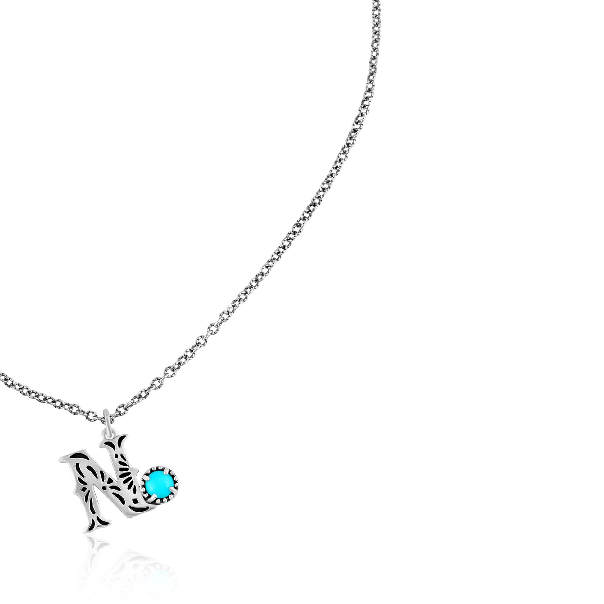 Sterling Silver Sleeping Beauty Turquoise Initial "N" Pendant and Chain Necklace, 17 to 20 Inches