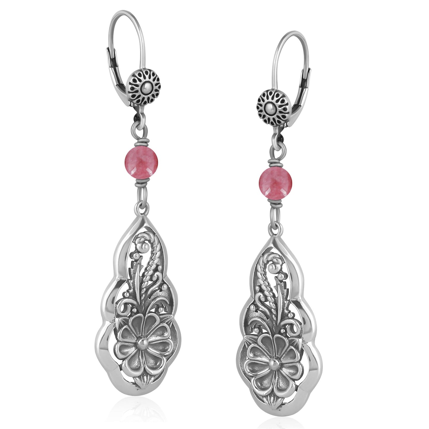 Sterling Silver Rhodonite Flower Gemstone Bead Lever Back Earrings