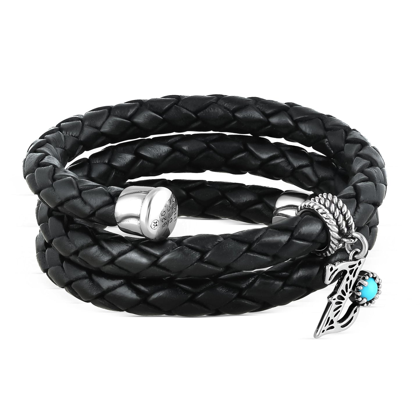 Sterling Silver Sleeping Beauty Turquoise Black Leather Initial "Z" Coil Bracelet, 16 Inches