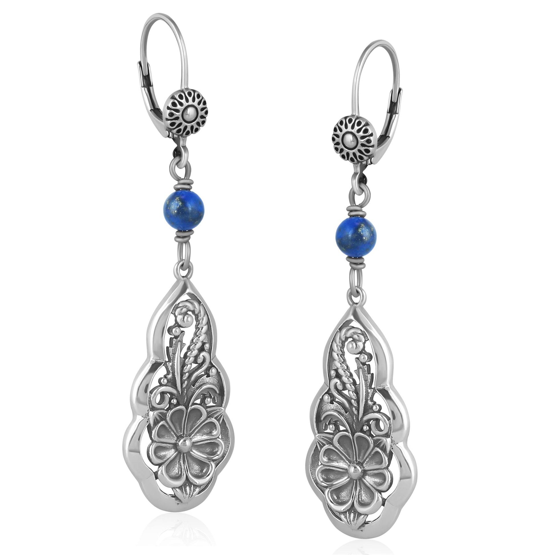Sterling Silver Lapis Flower Gemstone Bead Lever Back Earrings