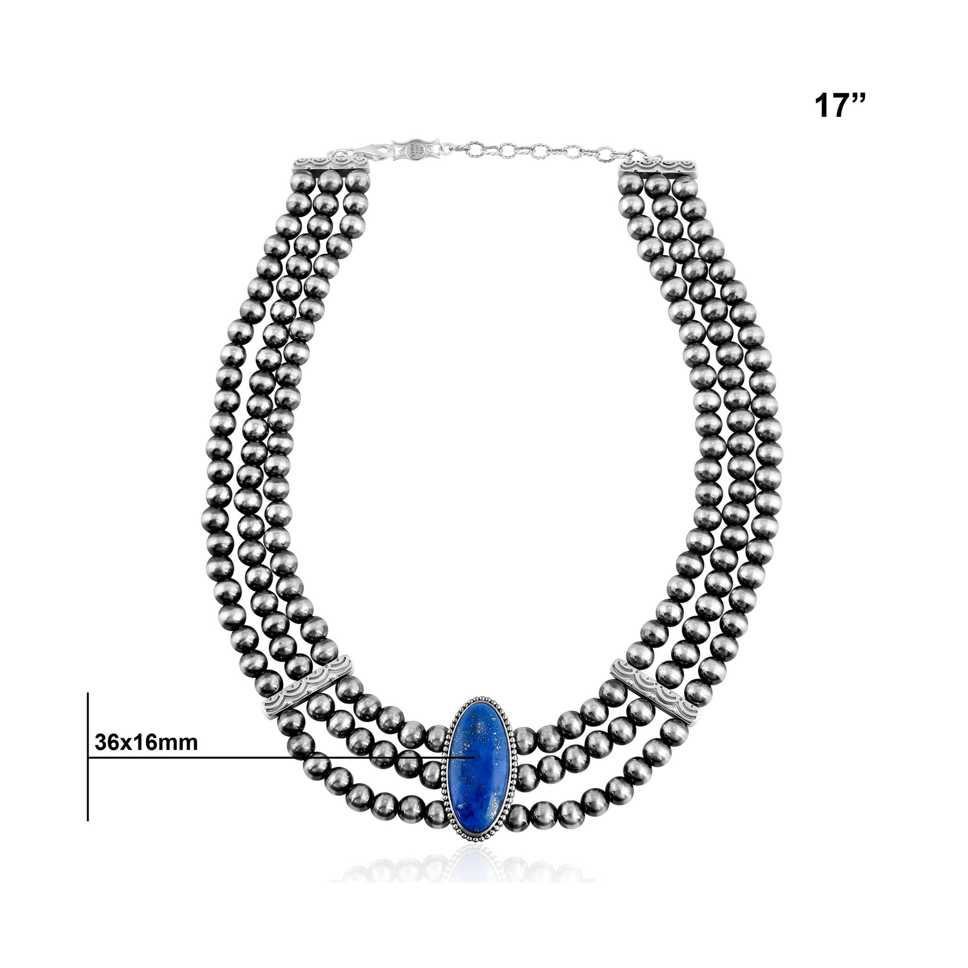 Sterling Silver Lapis Oval Cut Triple-Row Beaded Necklace