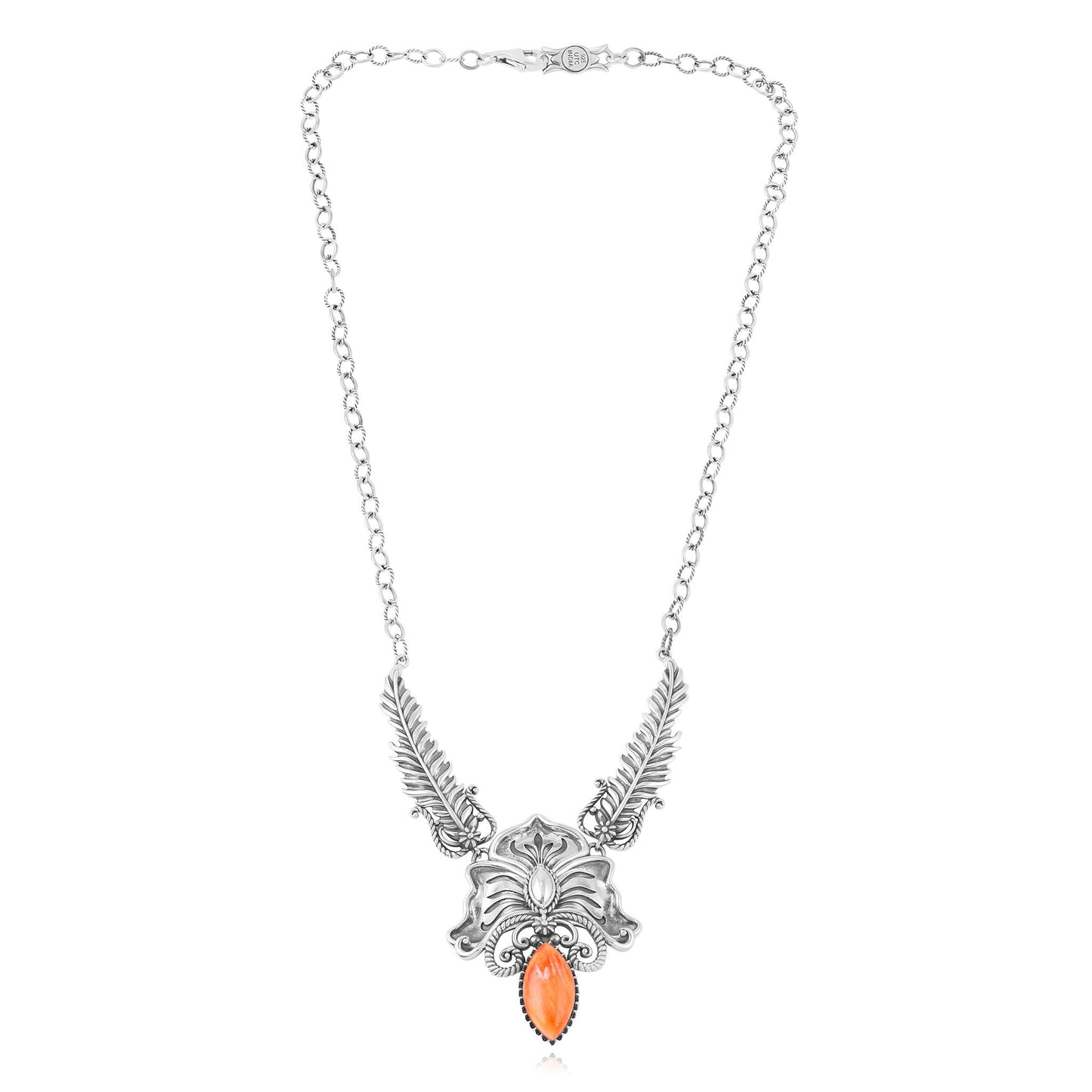 Sterling Silver Orange Spiny Oyster Cactus Flower Marquise Feather Necklace