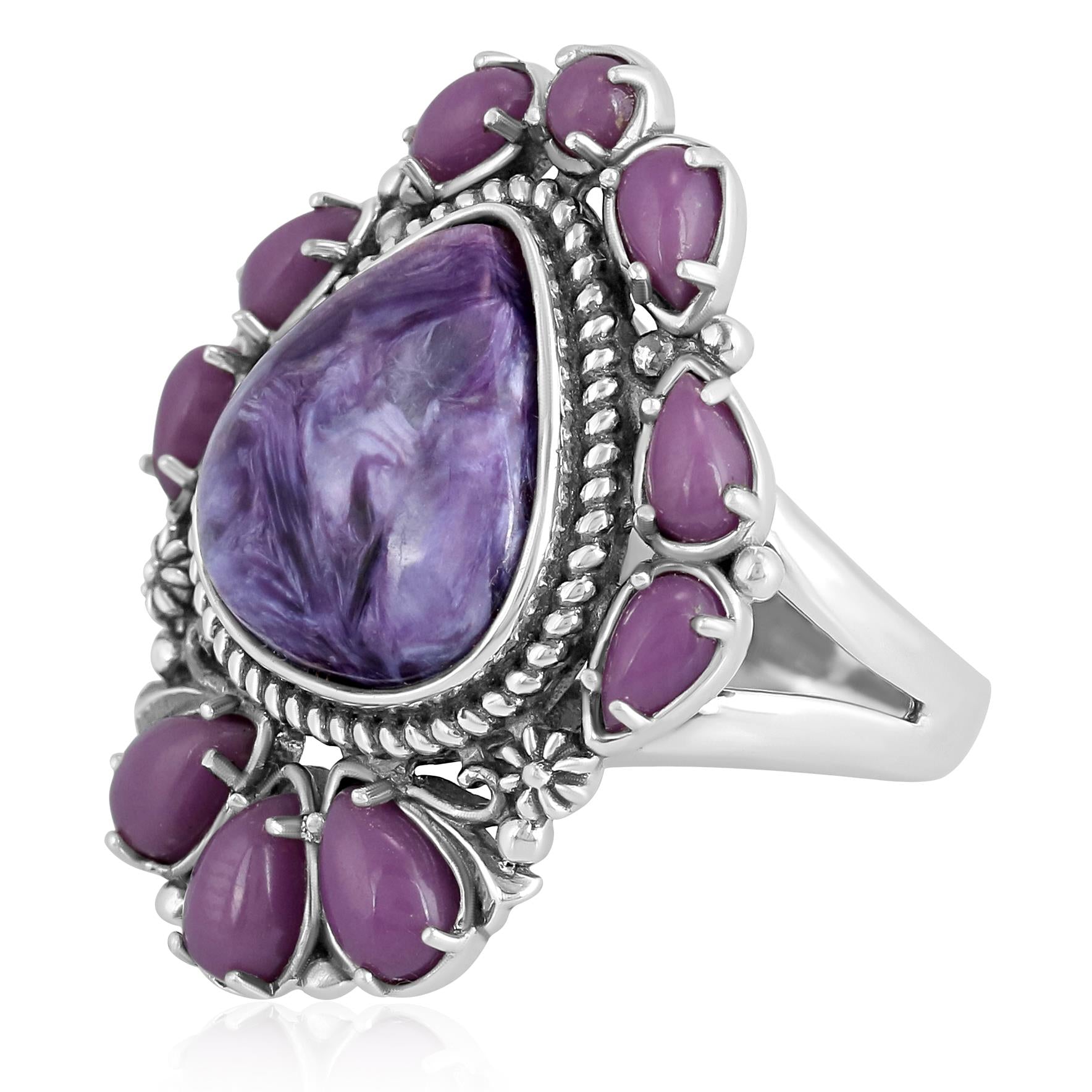 Sterling Silver Charoite and Phosphosiderite 3-Stone Trillion and Pear Ring