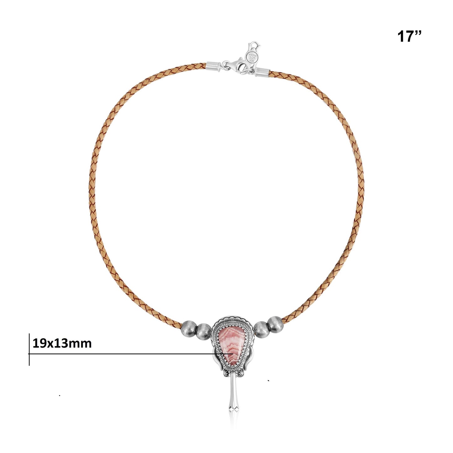 Sterling Silver Rhodochrosite Natural Leather Squash Blossom Necklace
