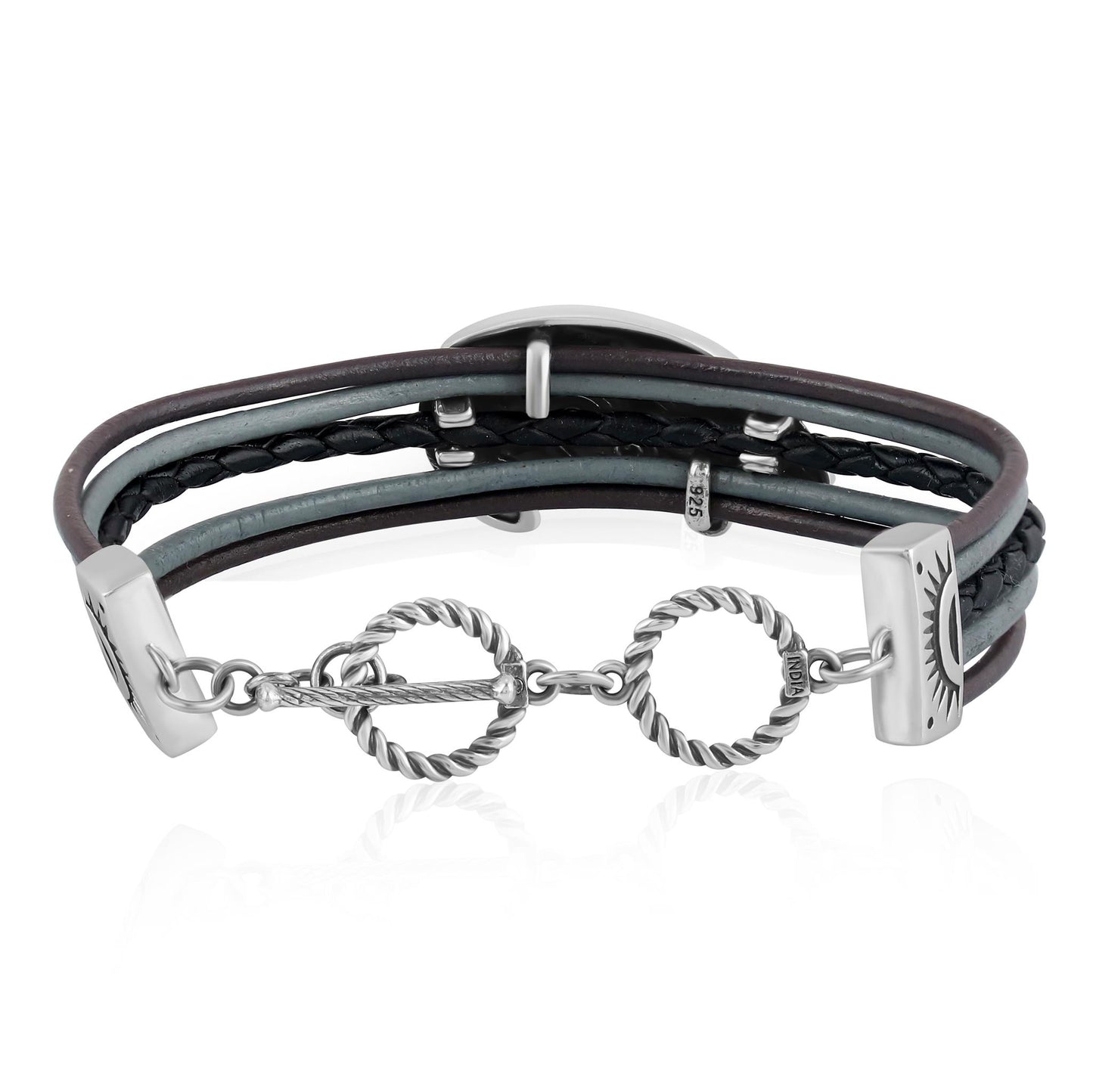 Sterling Silver Bear Design Multicolored Black Leather Toggle Bracelet