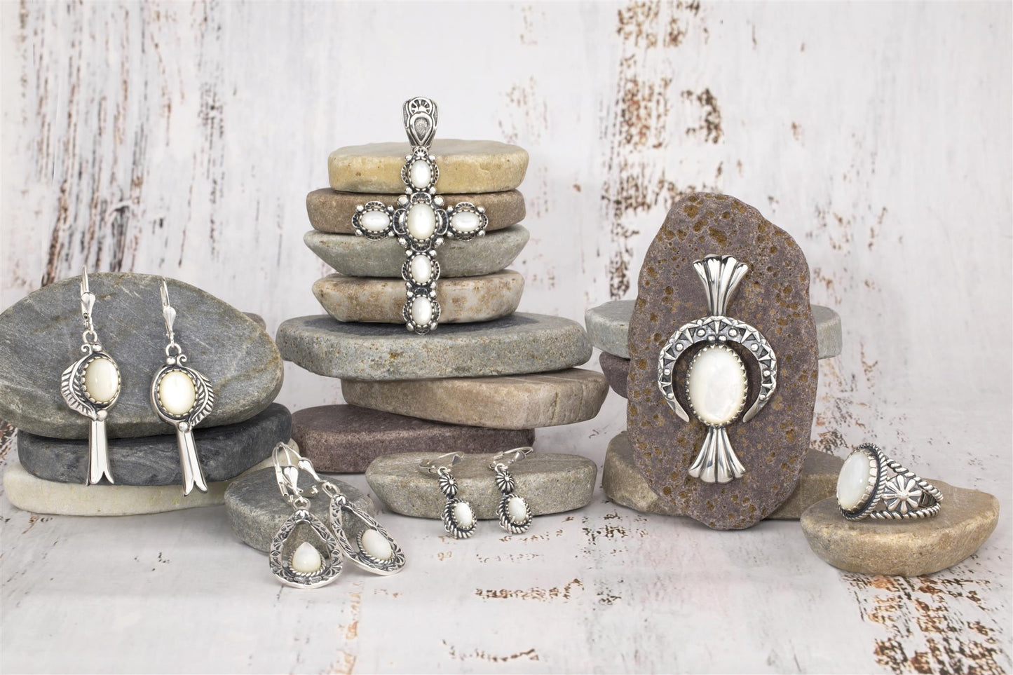 EXCLUSIVELY OURS! Sterling Silver White Mother of Pearl Fritz Casuse Squash Blossom and Naja Crescent Moon Pendant Enhancer