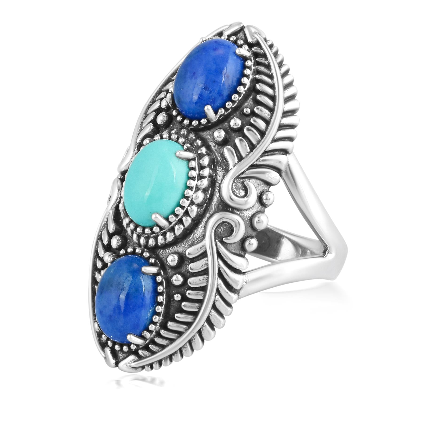 Sterling Silver Denim Lapis and Green Blue Turquoise Feather Ring