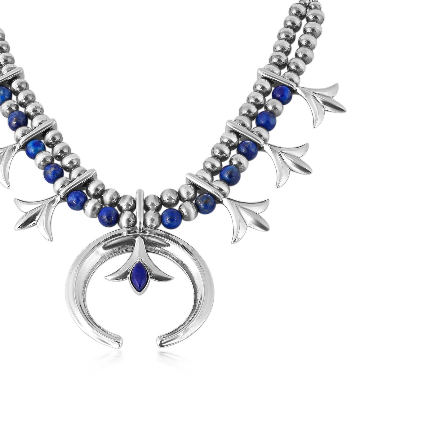 Sterling Silver Lapis Bead Squash Blossom Necklace