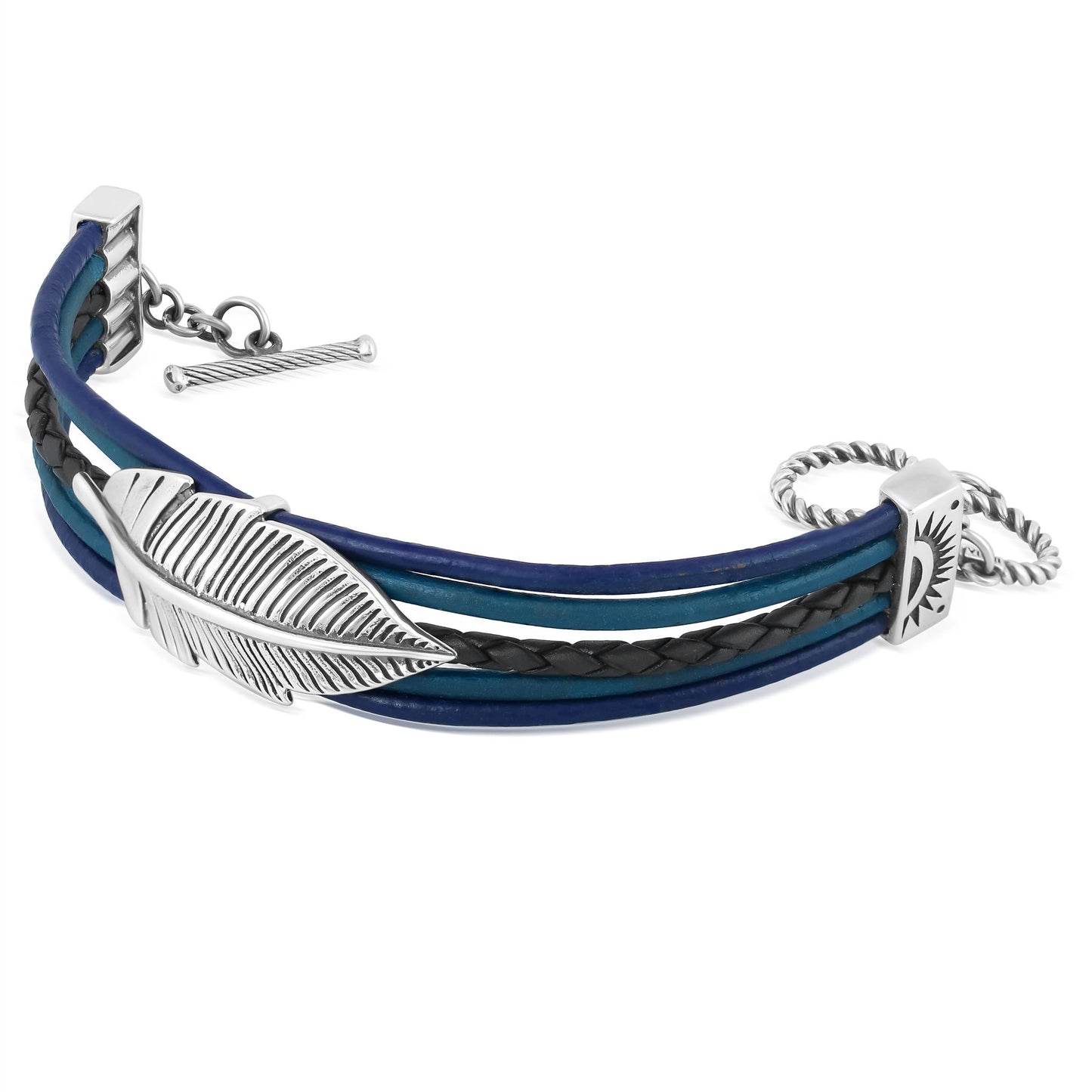 Sterling Silver Feather Design Multicolored Blue Leather Toggle Bracelet