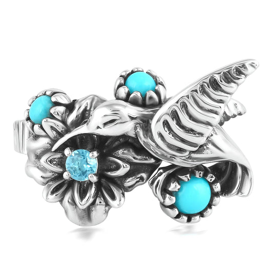 Sterling Silver Sleeping Beauty Turquoise and Swiss Blue Topaz Fritz Casuse Hummingbird Ring