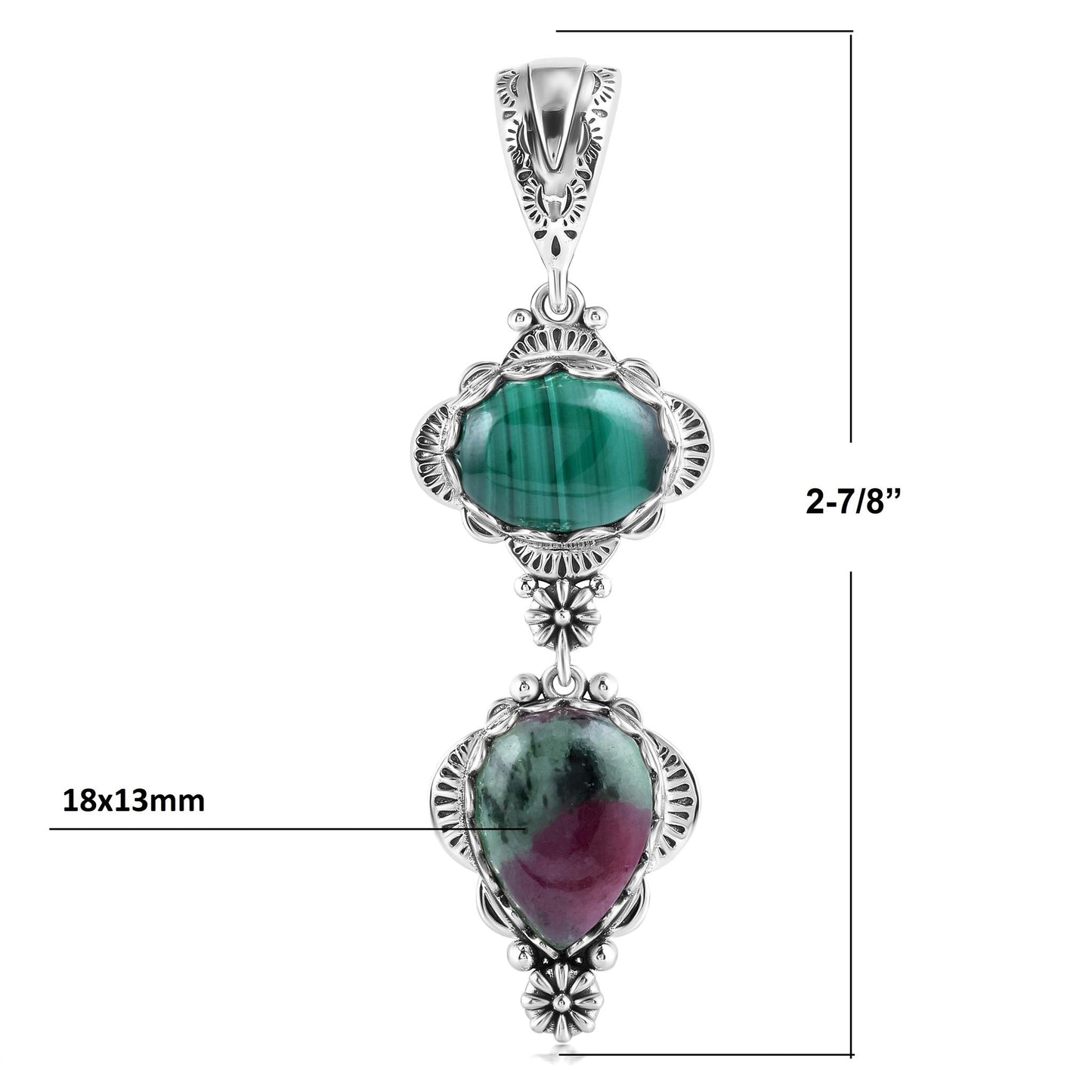 Sterling Silver Pear and Oval Ruby Zoisite and Malachite Linear Pendant Enhancer
