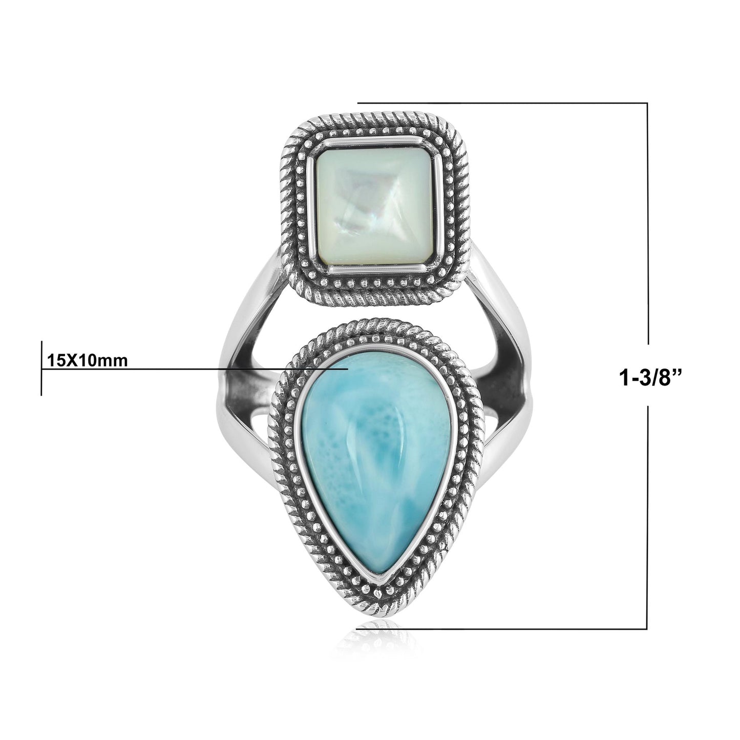 Sterling Silver Larimar and White Mother of Pearl Pear and Square Gemstone Rope Ring