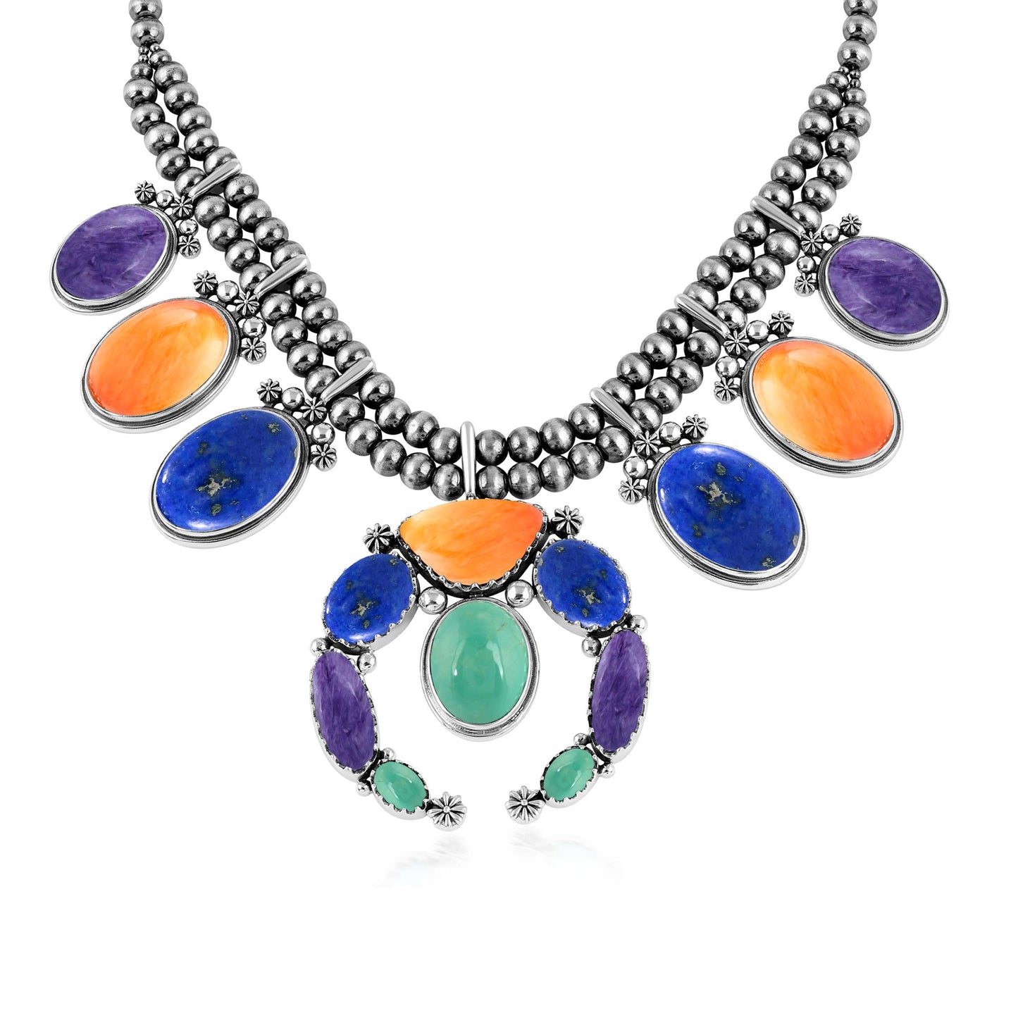 Sterling Silver Mutli-Gemstone Naja Squash Blossom Statement Necklace
