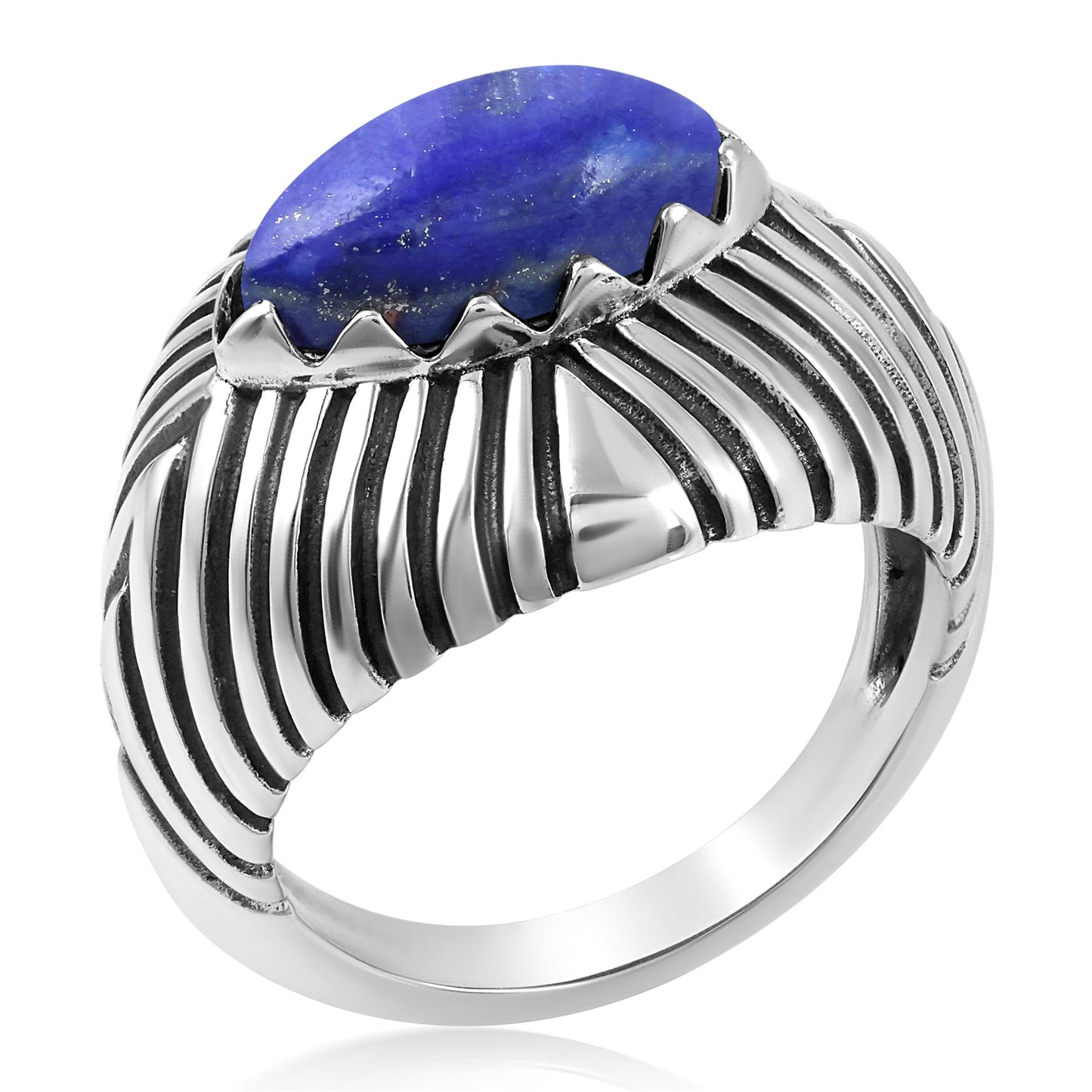 Sterling Silver Lapis Marquise Gemstone Ribbed Ring